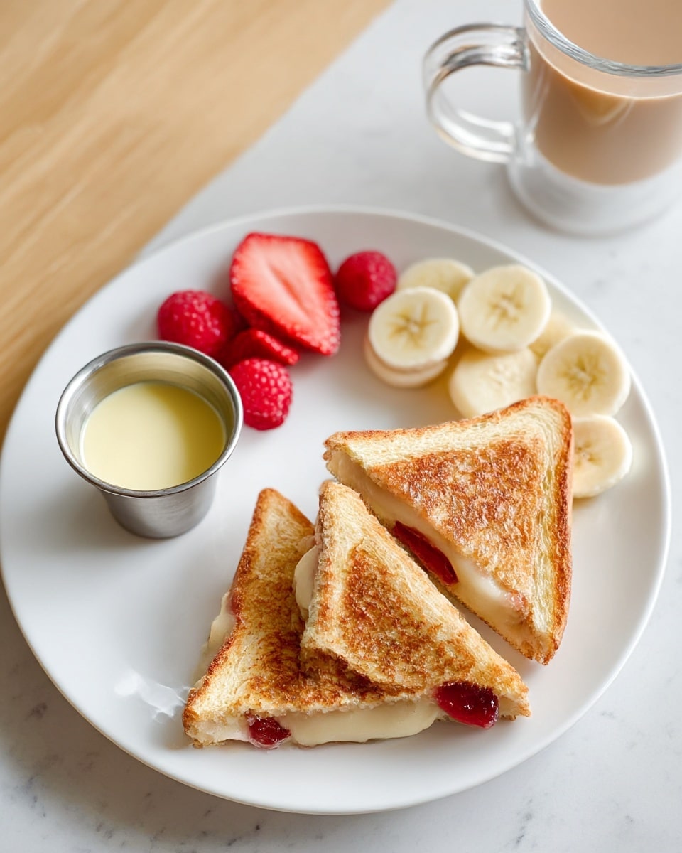 A white plate holds four triangular pieces of golden-brown grilled sandwich filled with melted cheese and red fruit jam. On the left side of the plate, there is a small silver container with light yellow cream or sauce inside. At the top of the plate, half-slices of red strawberries and bright red raspberries sit next to thin, round, light cream-colored slices of banana. The plate is placed on a white marbled surface, and in the background, there is a clear glass cup with a handle filled with a light-colored drink. Photo taken with an iphone --ar 4:5 --v 7