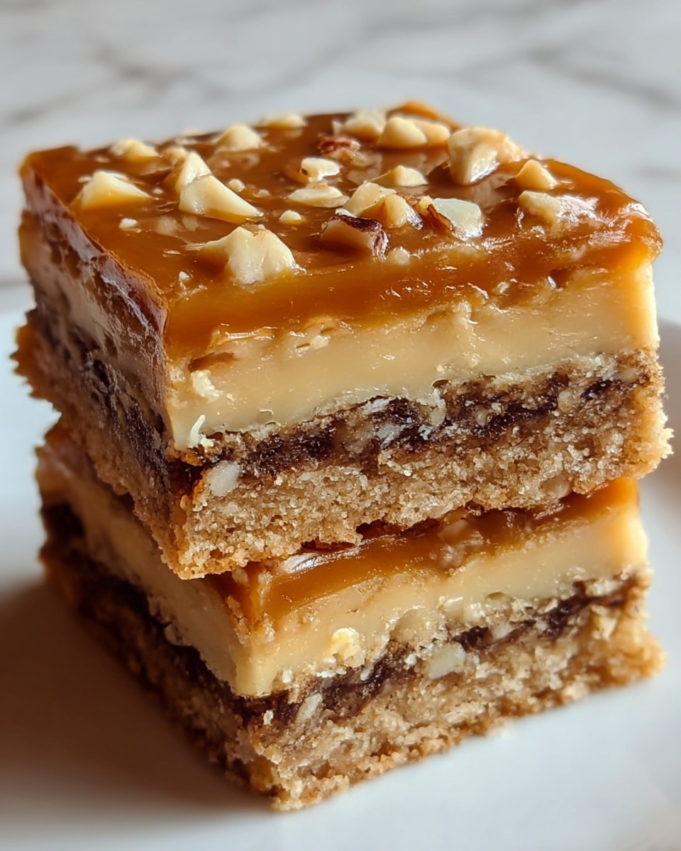 The image shows two stacked square bars with multiple layers. The bottom layer is a crumbly, light brown crust with a grainy texture. Above it is a thicker, dark brown layer with a moist, nutty filling. The third layer is a smooth, pale caramel-colored filling, topped with a shiny, amber caramel glaze that has small pieces of chopped nuts embedded across the surface. The bars are placed on a white plate, set against a white marbled background. photo taken with an iphone --ar 4:5 --v 7