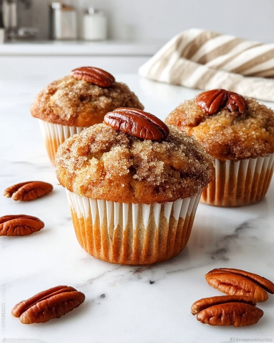 Three muffins sit on a white marbled surface, each wrapped in white paper liners. The muffins are golden brown with a crumbly, sugary topping that is light tan and textured. On top of each muffin are several shiny, toasted pecan halves, deep brown in color, adding a crunchy layer. Around the muffins lie a few loose pecan halves, matching the ones on the muffins. The background features a white marbled countertop and a clean, bright kitchen with folded beige-striped cloth on the right. The lighting is soft and natural, highlighting the warm tones and textures of the muffins. photo taken with an iphone --ar 4:5 --v 7