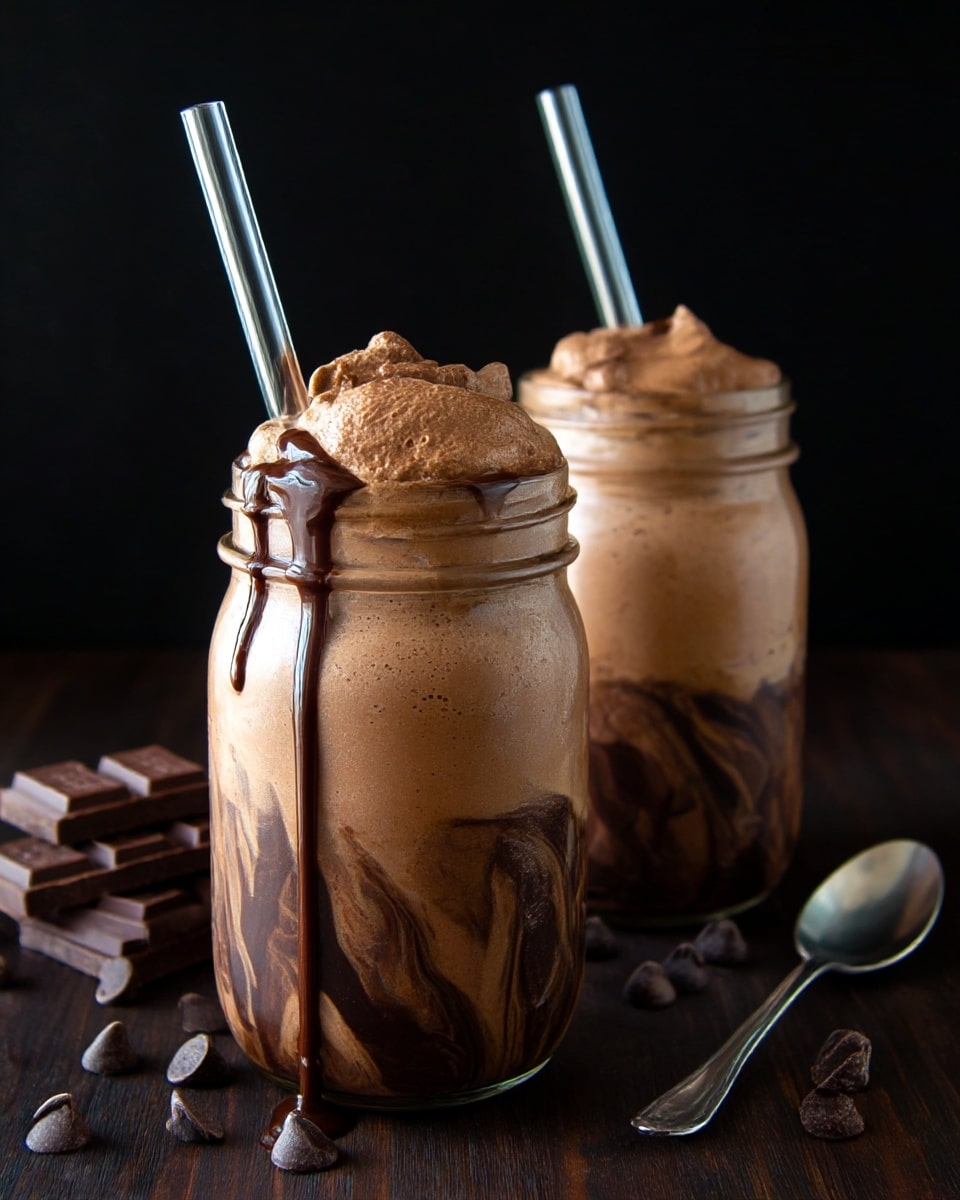 Two glass jars are filled with layers of thick, creamy chocolate mousse mixed with dark chocolate syrup swirled inside. The mousse is light brown with smooth, velvety texture, and the dark chocolate syrup creates irregular streaks wrapping around the mousse in each jar. Each jar has a clear glass straw inserted, with some chocolate syrup drizzled on the rim of the nearer jar. The jars sit on a dark wooden surface, scattered with small chocolate chips and a few broken pieces of dark chocolate. A silver spoon lies to the right of the jars. photo taken with an iphone --ar 4:5 --v 7