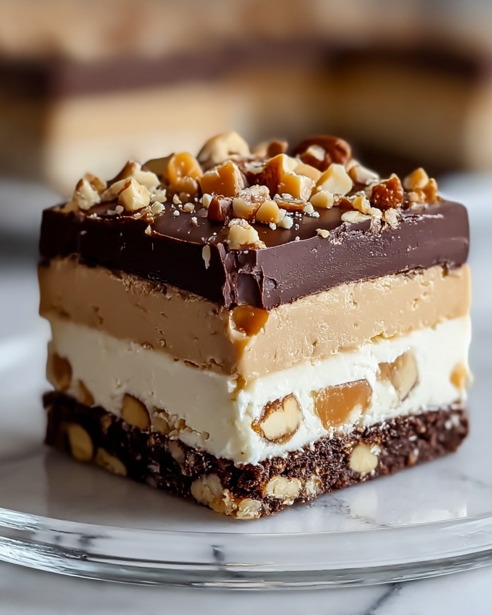 A close-up view of a layered dessert square on a clear glass plate with a white marbled surface underneath, showing five distinct layers: a dark brown crumbly base mixed with nuts, topped by a thick light brown creamy layer, followed by a thin dark chocolate layer with nut pieces inside, a thick white creamy layer with embedded caramel chunks, and a glossy dark chocolate ganache on top sprinkled with a mix of chopped nuts and caramel pieces. The dessert looks rich and textured, with smooth and crunchy contrasts. Photo taken with an iphone --ar 4:5 --v 7