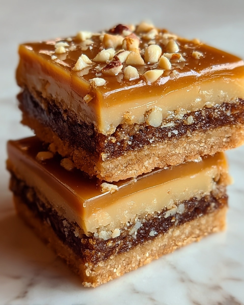 Two square nut bars stacked on top of each other on a white plate, placed on a white marbled texture. Each bar has three visible layers: the bottom layer is a light brown crumbly crust, the middle layer is a darker brown nut and filling mixture with a slightly grainy texture, and the top layer is a glossy caramel-colored topping with small chopped nuts scattered unevenly. The edges of the bars show some crumbly bits and the lighting highlights the shine on the caramel layer. Photo taken with an iphone --ar 4:5 --v 7