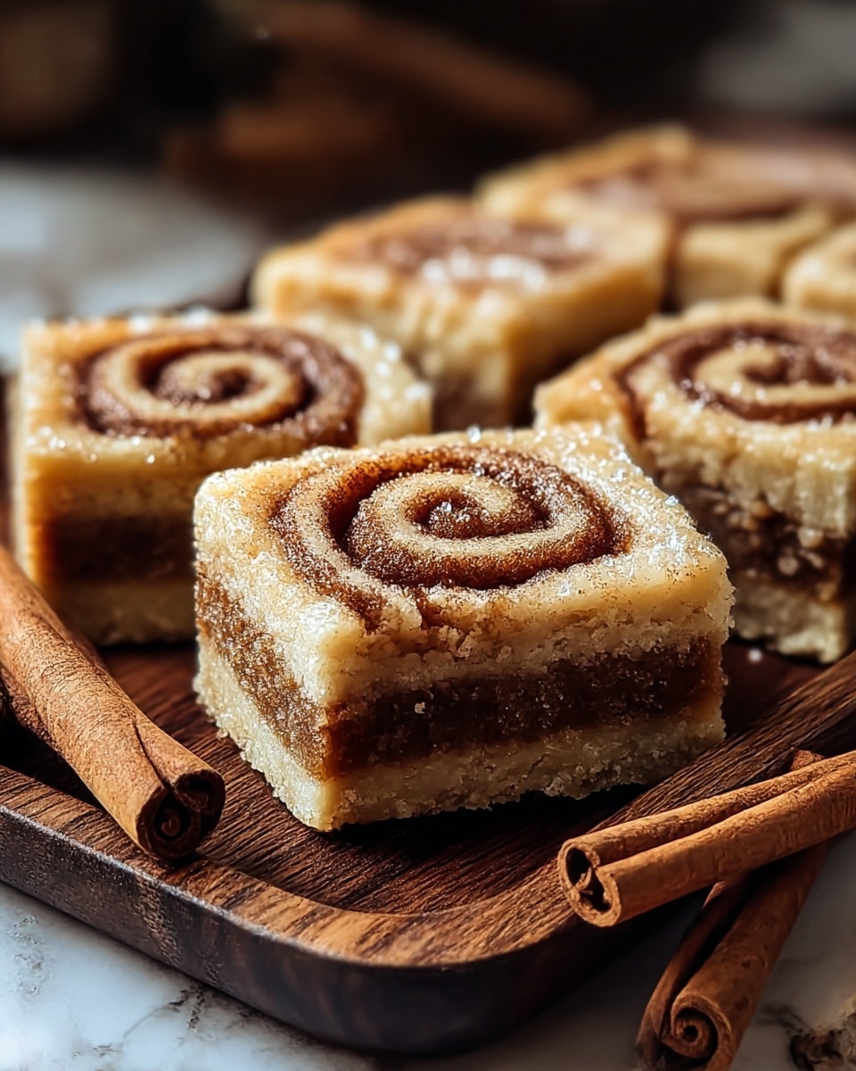 The image shows four square pieces of cinnamon swirl bars arranged closely on a rectangular dark wooden tray. Each bar has two distinct layers: a bottom dense layer with a deep brown color and a rough, crumbly texture, and a top lighter beige layer with visible swirls of dark brown cinnamon filling forming a spiral pattern on each piece. The tops of the bars look soft and slightly glossy with a sugary coating. The background features a white marbled texture and two cinnamon sticks are placed next to the tray on the right side. Photo taken with an iphone --ar 4:5 --v 7