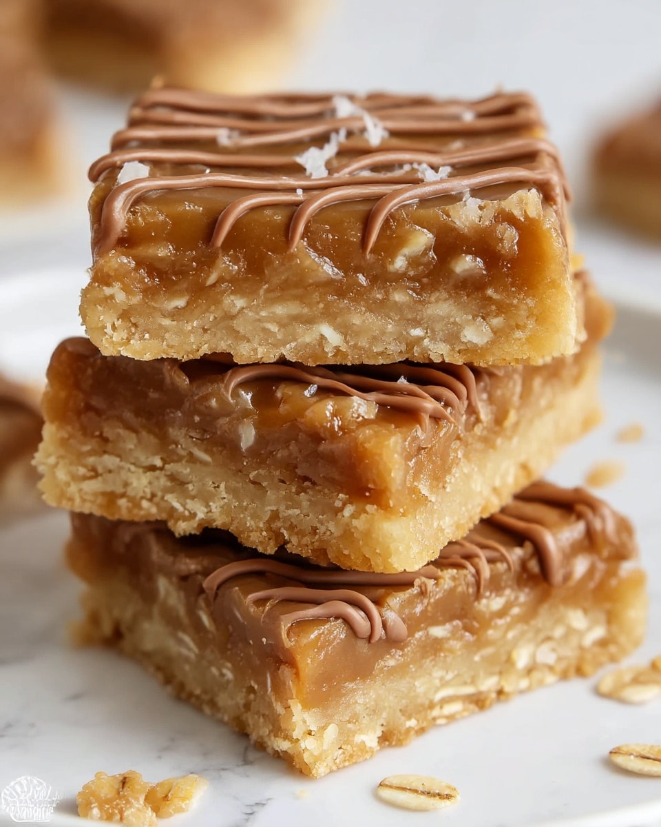 The image shows a stack of three square dessert bars placed on a white plate with a white marbled texture underneath. Each bar has two visible layers; the bottom layer is a light golden, crumbly crust with a rough texture, while the top layer is a thick, sticky, golden caramel oat mixture filled with small oat flakes. The top bar is decorated with a drizzle of smooth, milk chocolate in thin lines running evenly across the top surface. There are small bits of the same dessert scattered around the plate, adding a casual and homemade feel. Photo taken with an iphone --ar 4:5 --v 7