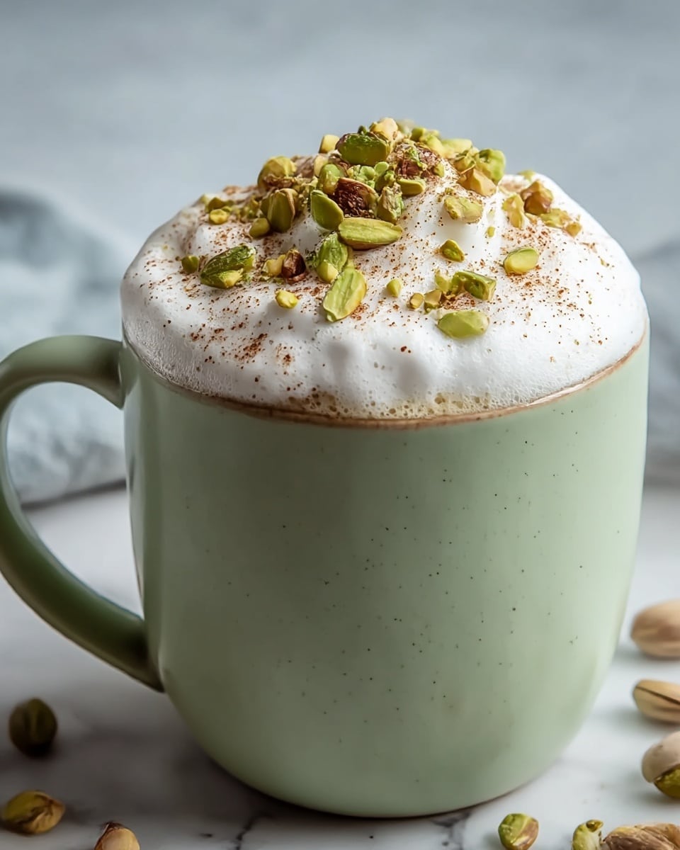 A green mug filled with a creamy drink topped with a thick, fluffy layer of white foam that rises above the rim, sprinkled with crushed green pistachio nuts and a light dusting of brown spice powder, sitting on a soft beige cloth with a blurred white marbled surface in the background. photo taken with an iphone --ar 4:5 --v 7
