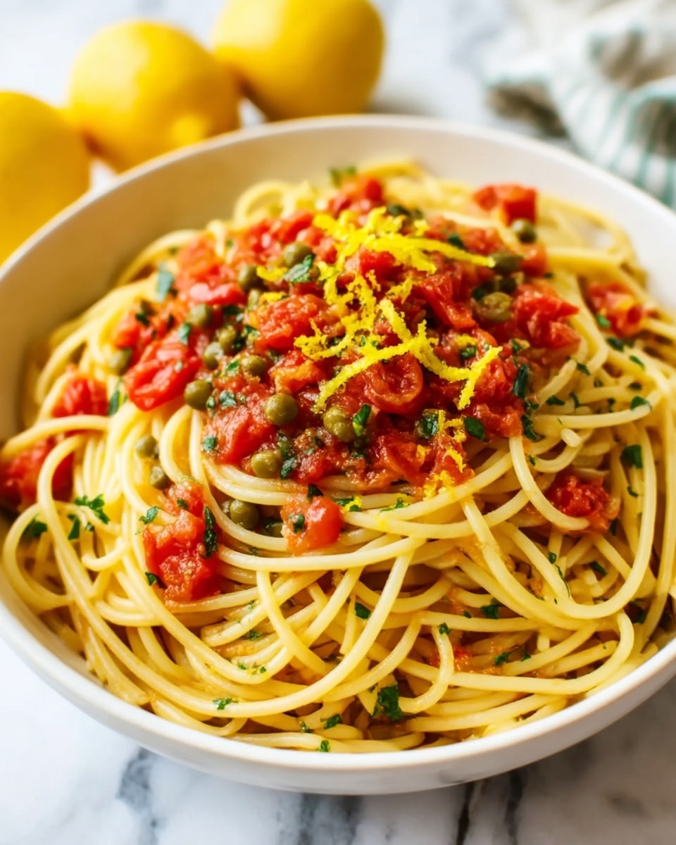 A white bowl is filled with spaghetti pasta, topped with bright red diced tomatoes and small dark green basil pieces. The spaghetti strands are light yellow and look soft, forming the main bottom layer. The tomatoes and basil are scattered evenly on top, adding pops of red and green against the light pasta. There is a hint of olive oil giving the dish a slight shine. The bowl sits on a white marbled surface. photo taken with an iphone --ar 4:5 --v 7