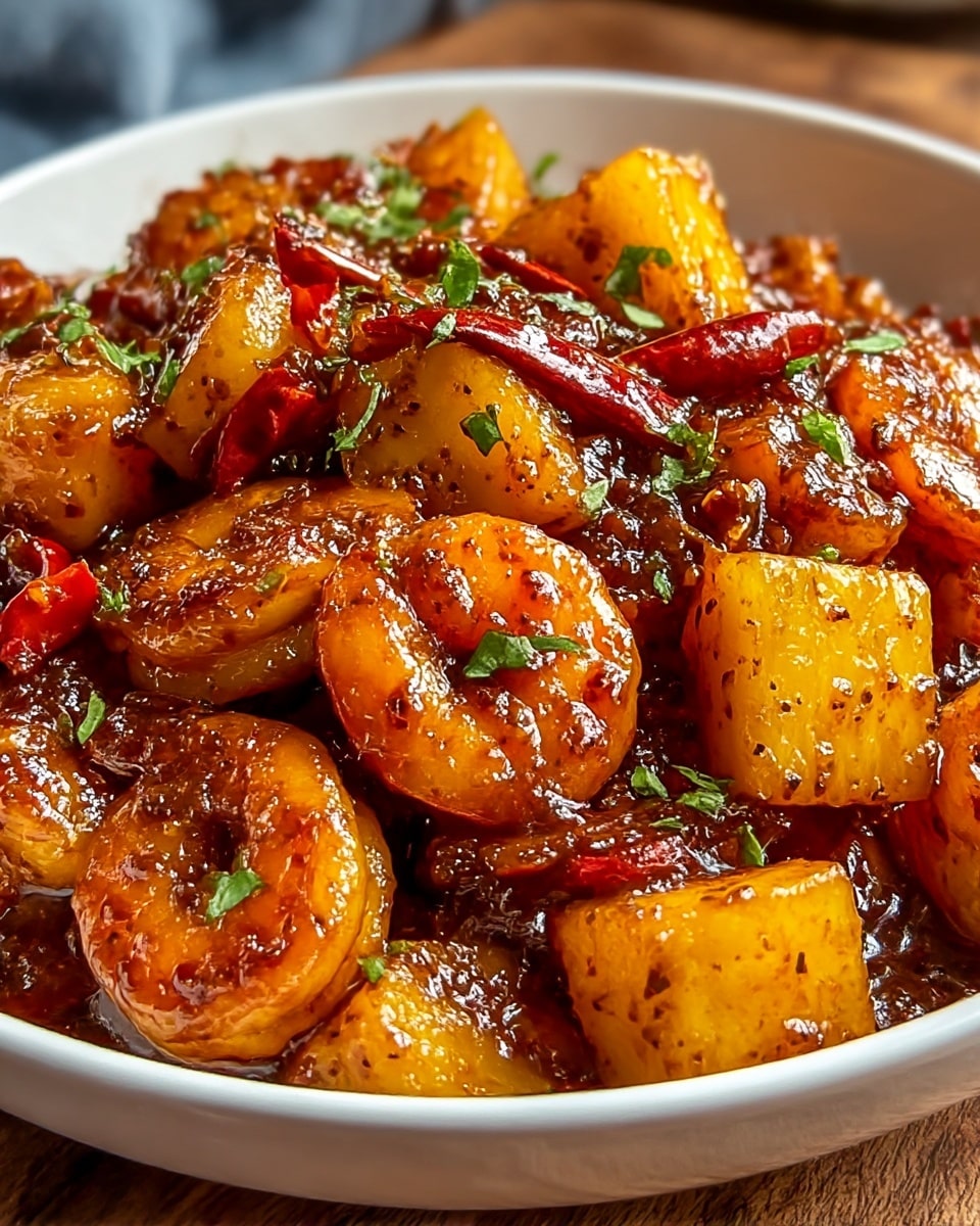 A white bowl filled with a saucy shrimp dish, showing around three layers. The top layer has shiny, orange-brown shrimp with curled tails, coated in a thick, glossy dark brown sauce. Mixed in are chunky yellow pineapple pieces with a slightly grilled texture and bright red chili peppers. Small green herb bits are sprinkled all over, adding a fresh color contrast. The bowl sits on a white marbled surface. photo taken with an iphone --ar 4:5 --v 7