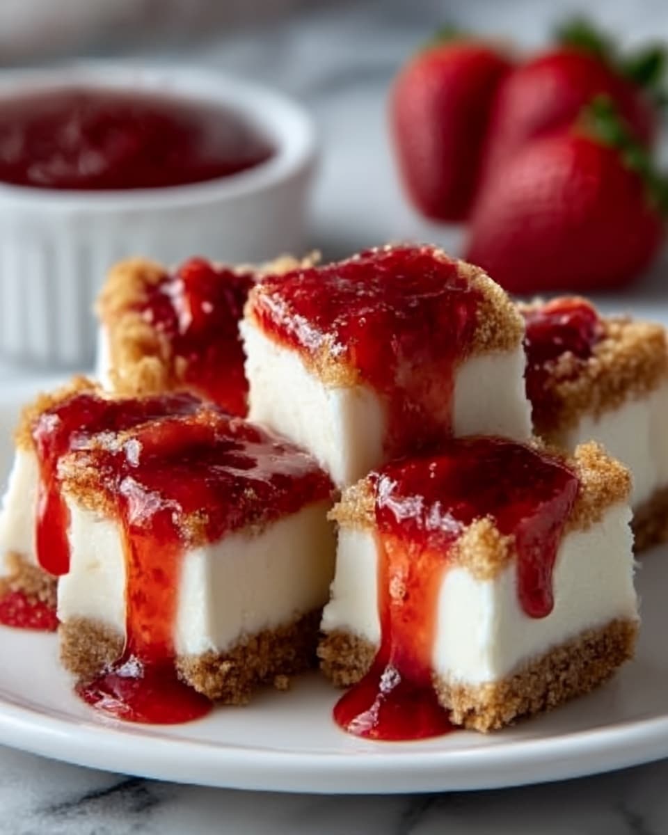 The image shows a white plate with four small cheesecake bites, each cut into a square shape. Each bite has a thick bottom layer of crumbly light brown crust, a middle layer of smooth white cheesecake, and a generous topping of reddish strawberry sauce dripping down the sides. The strawberry sauce looks glossy and fresh, with some small fruit pieces visible. The plate is placed on a white marbled surface, with a blurred white bowl of more strawberry sauce and two red strawberries in the background. Photo taken with an iphone --ar 4:5 --v 7
