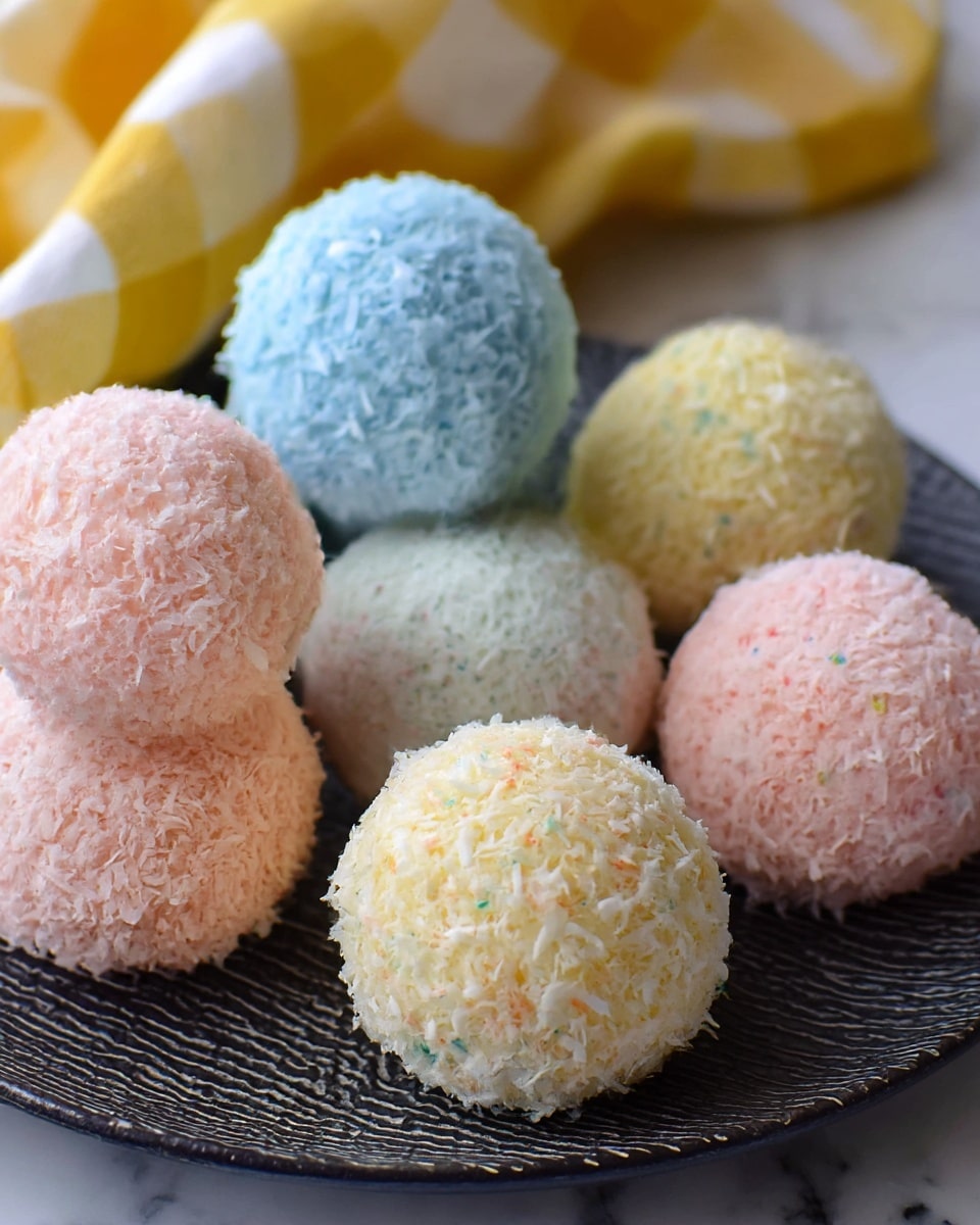 A white plate with a gold rim holds several round Easter Bunny coconut tail treats in pastel colors: yellow, pink, light blue, green, and orange. Each ball is coated with shredded coconut, giving a rough texture on the outside. One light blue ball is cut open, showing a creamy, smooth, pale yellow coconut filling inside. The balls are arranged closely together on the plate, which is placed on a white marbled surface. Photo taken with an iphone --ar 4:5 --v 7