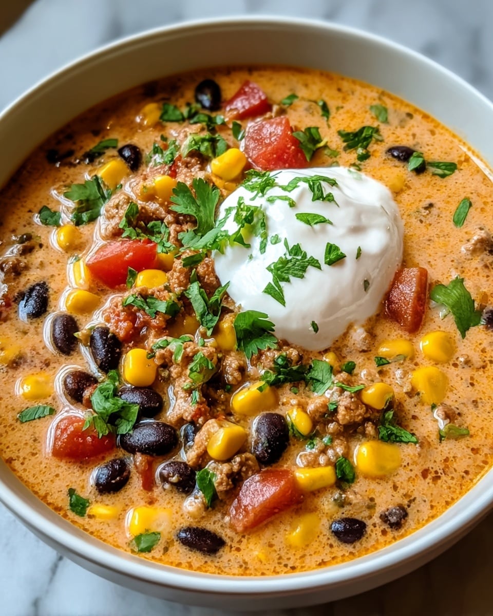 A close-up view of a bowl filled with thick chili soup, showing its creamy orange-brown base layer with visible textures of ground meat, black beans, and pieces of corn scattered throughout. On top of this base is a small mound of bright red tomato chunks, adding a fresh burst of color, followed by a generous dollop of smooth white sour cream centered in the middle. Fresh green cilantro leaves are sprinkled over the chili and sour cream, providing a leafy texture and contrast. The bowl is white with a dark rim, and it sits on a white marbled surface. photo taken with an iphone --ar 4:5 --v 7