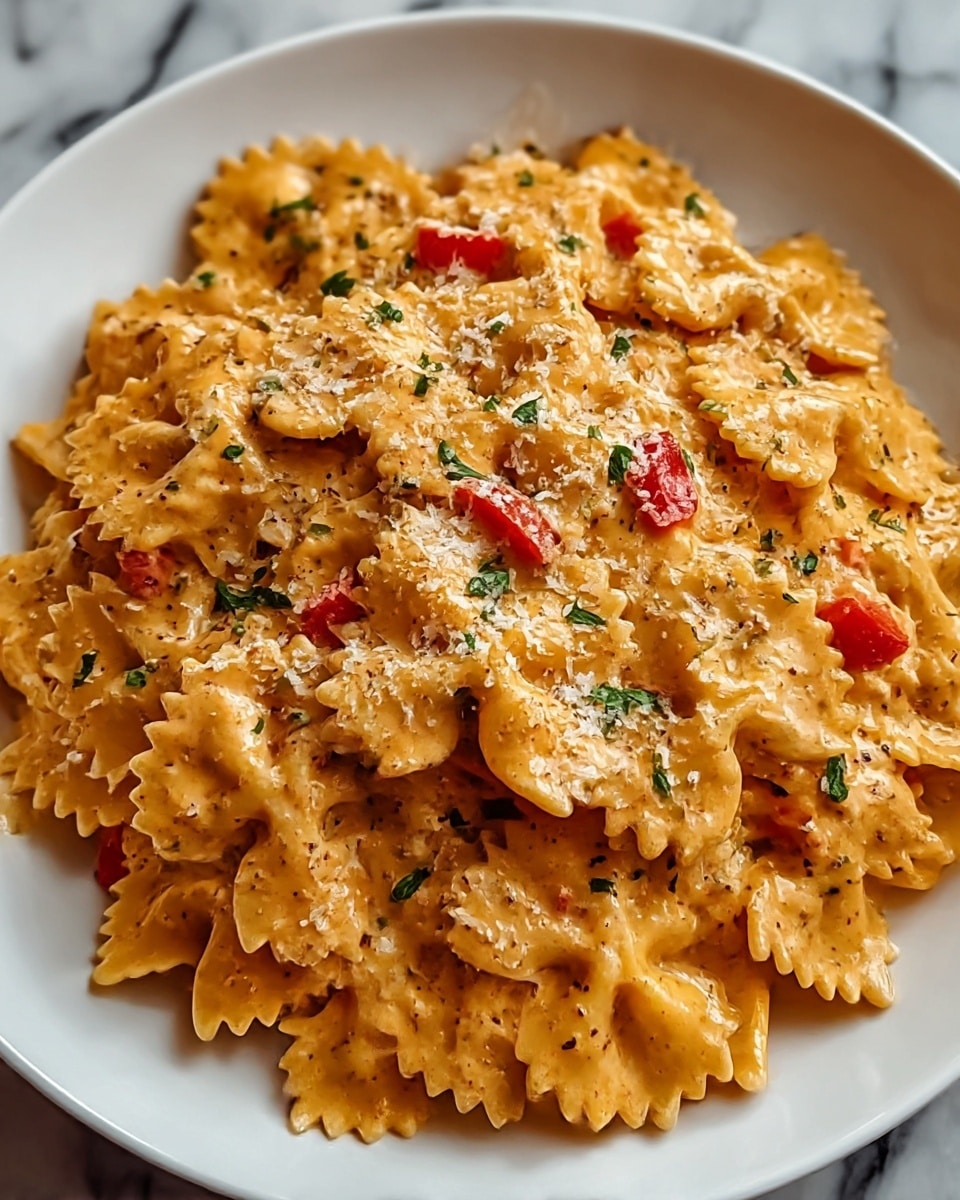 A white plate with a black rim holds a generous serving of bow-tie pasta covered in a creamy light orange sauce speckled with ground black pepper. Mixed throughout the pasta are small chunks of red bell pepper and tender pieces of chicken coated in the sauce. The dish is topped with a light sprinkling of grated cheese and bright green parsley leaves, adding texture and color contrast. The plate rests on a white marbled surface. photo taken with an iphone --ar 4:5 --v 7