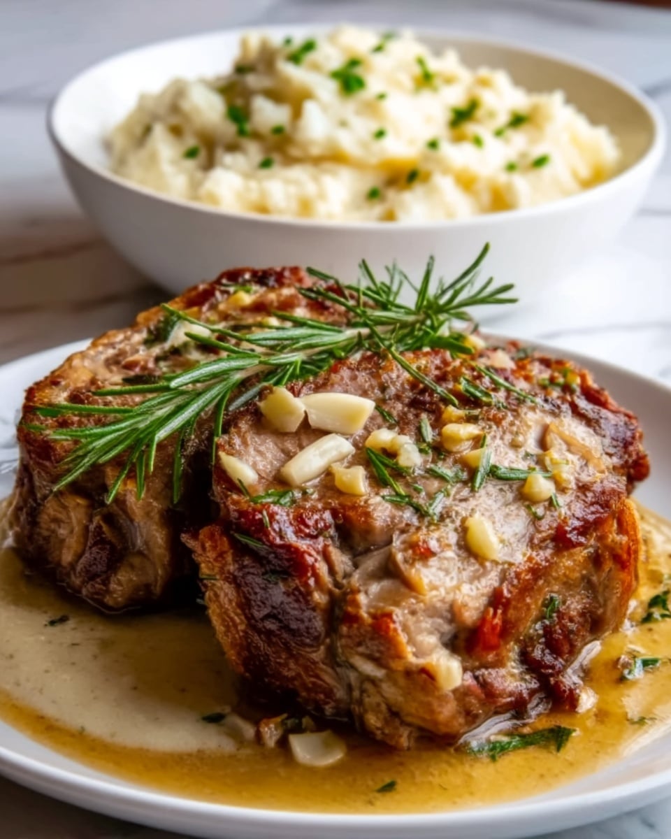 The image shows a white plate with two large pieces of cooked meat, having a crispy, golden-brown crust and tender inside. The meat rests on a bed of creamy mashed potatoes, which have a slightly rough texture with small lumps and green herbs sprinkled around. On top of the meat, there are sprigs of fresh green rosemary adding a pop of color and freshness. Behind the plate, a white bowl holds more mashed potatoes garnished with herbs. The surface under the dishes is a white marbled texture. photo taken with an iphone --ar 4:5 --v 7