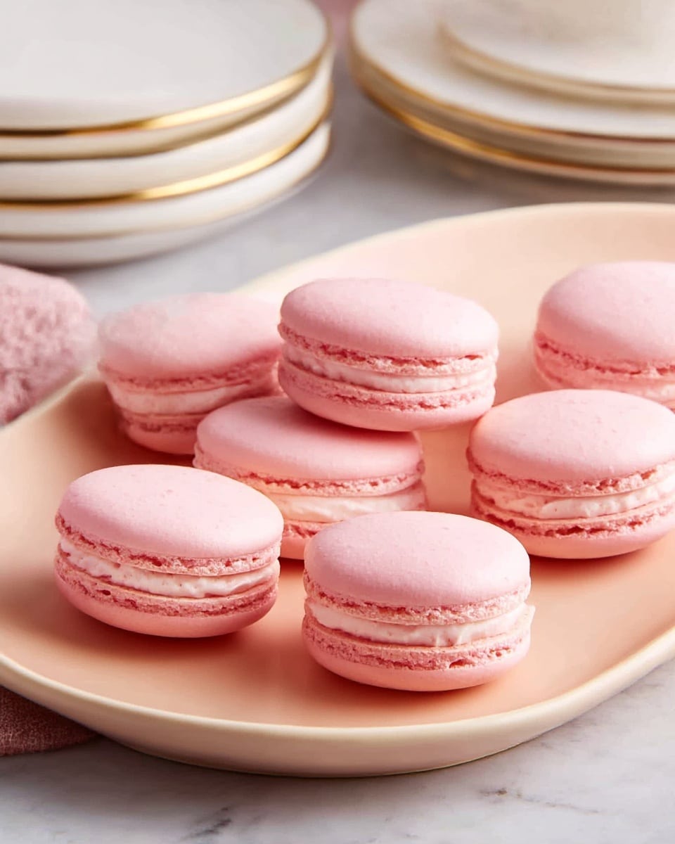 There are seven pink macarons arranged on a white plate with a smooth, slightly shiny surface. Each macaron has two rounded top and bottom shells in soft pastel pink with a slightly rough texture around the edges. Between the shells is a middle layer of creamy filling in a lighter pink shade, smooth and even, visible from the sides. The macarons sit on a white marbled surface with a folded cloth and stacked white plates in the background, both out of focus. Photo taken with an iphone --ar 4:5 --v 7