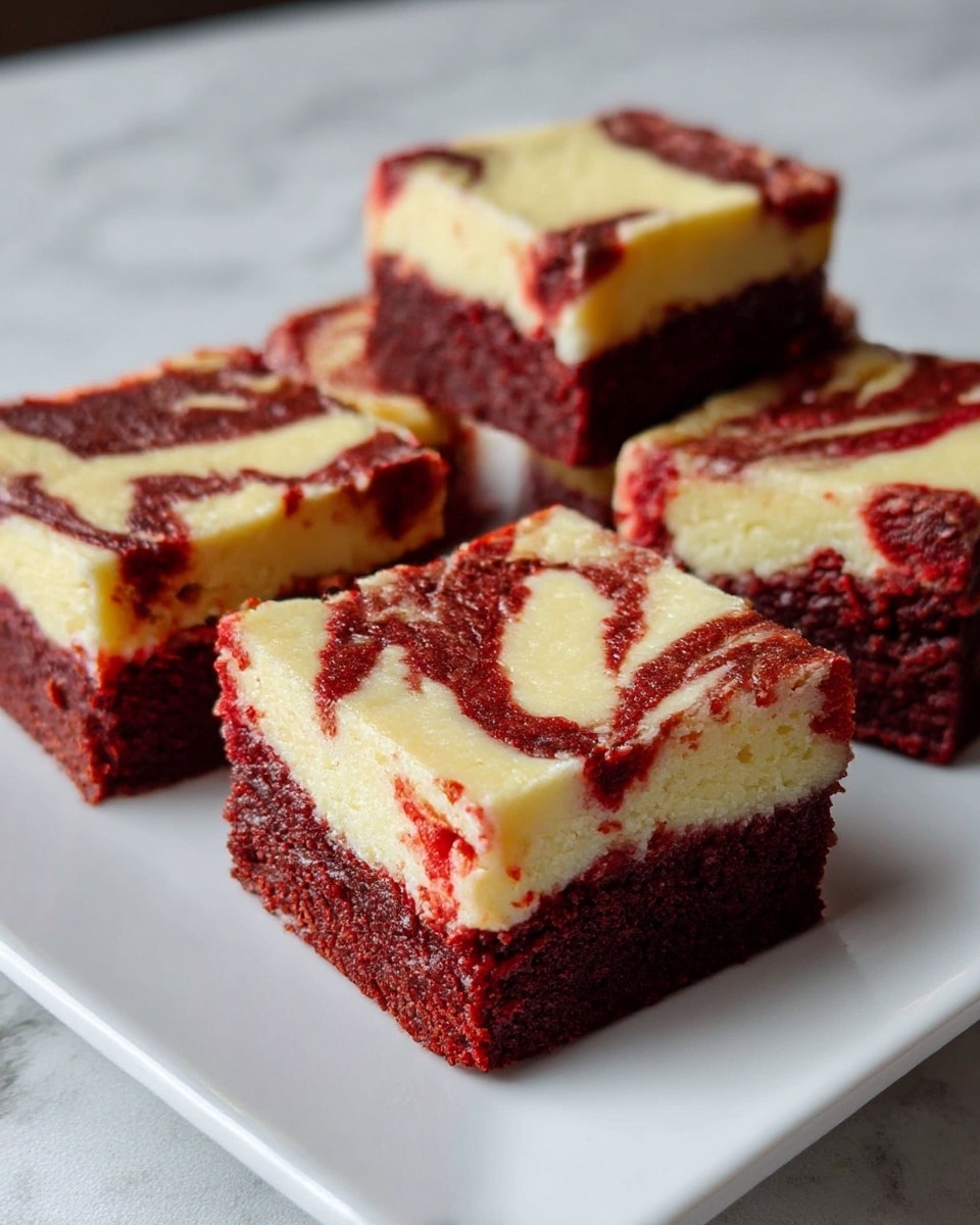 This image shows four square brownie pieces on a white plate placed on a white marbled surface. Each brownie has two layers: a thick, dark red bottom layer that looks moist and dense, and a creamy, pale yellow top layer with dark red swirls creating a marbled pattern. The top layer appears smooth and slightly soft, contrasting with the textured base. The pieces are arranged slightly apart but close together, focusing on the front brownie square in clear detail. photo taken with an iphone --ar 4:5 --v 7