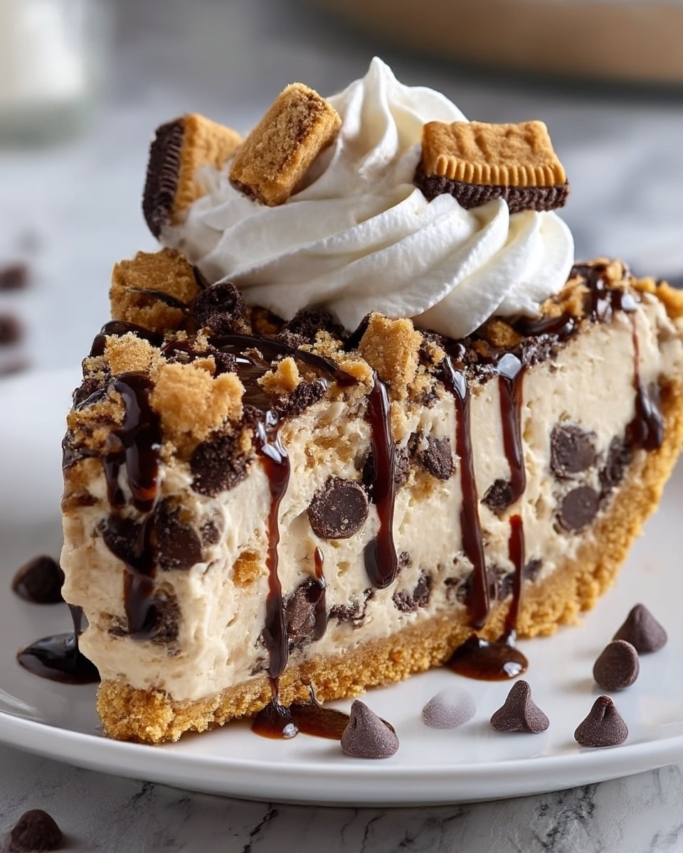 A slice of pie with three main layers is shown on a white plate with a white marbled texture background. The bottom layer is a golden, crumbly crust. The middle layer is a creamy, beige filling mixed with dark chocolate chunks throughout. The top layer is sprinkled with cookie crumbs and more chocolate pieces, with chocolate syrup drizzled over it and running down the sides. On top, there is a swirl of white whipped cream, decorated with small square cookie pieces and a bit of chocolate syrup. Extra chocolate chips and syrup dots are scattered on the plate around the slice. Photo taken with an iphone --ar 4:5 --v 7