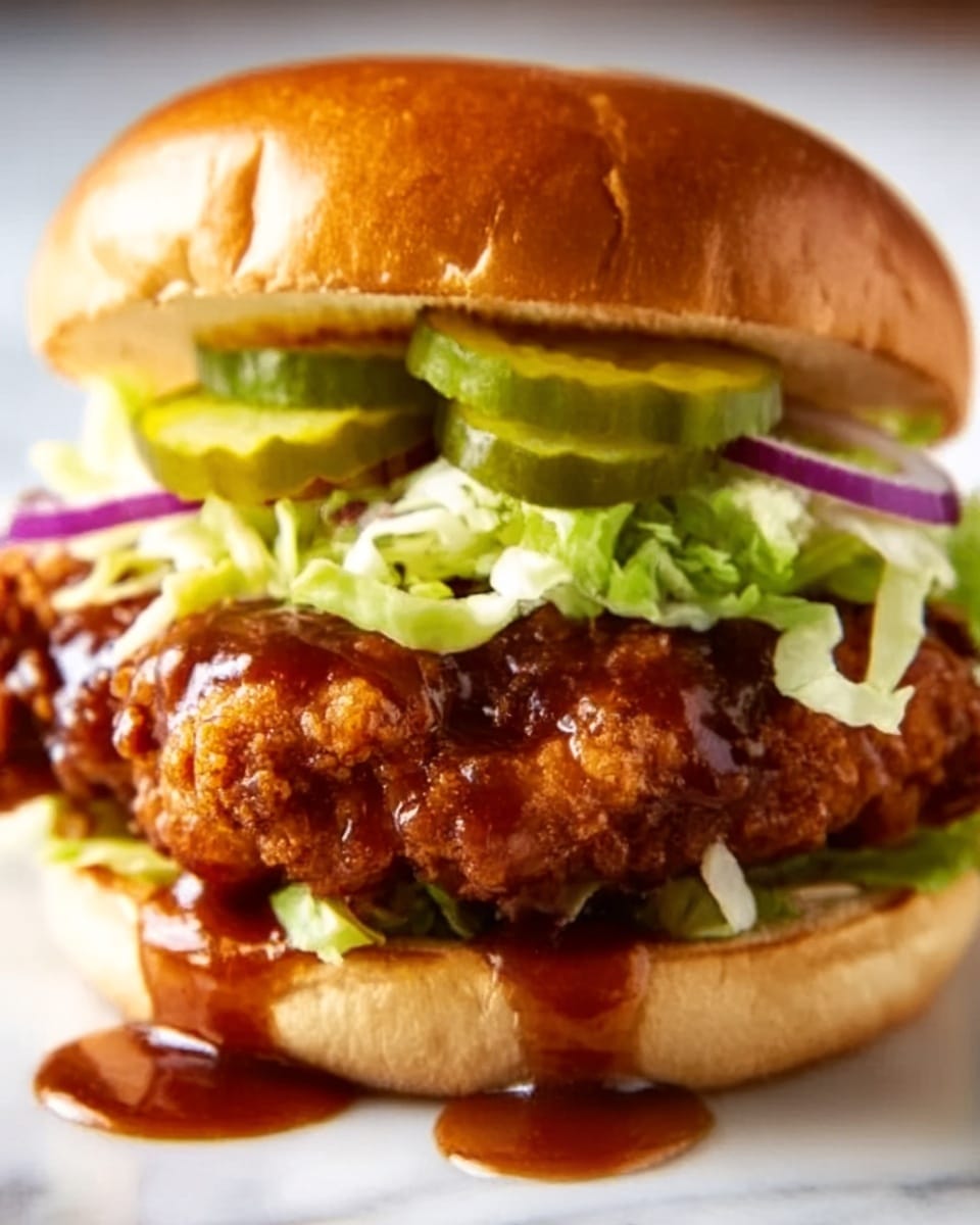 A crispy fried chicken sandwich sits on a soft, shiny, golden-brown bun. The sandwich has three main layers: the bottom bun, a thick, crunchy fried chicken piece coated in rich, sticky brown sauce that drips slightly, and fresh shredded lettuce and thinly sliced purple onions on top, with three green pickle slices resting above the vegetables. The top bun is smooth and slightly domed, completing the sandwich. The sandwich is placed on a white plate, and the background shows a white marbled texture. photo taken with an iphone --ar 4:5 --v 7