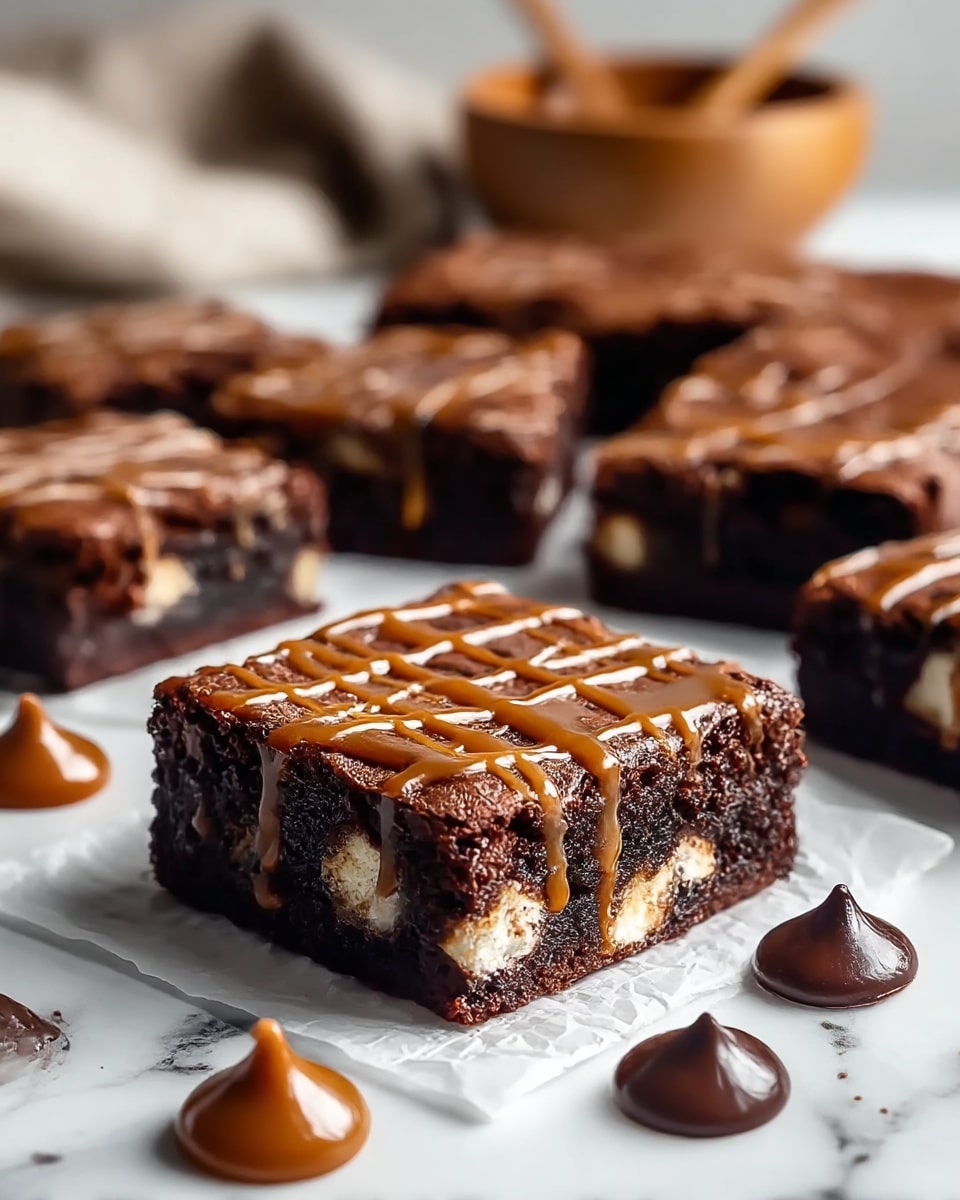 A close-up of a square brownie piece with visible white chunks inside, showing a dense and moist dark brown texture. The top of the brownie is drizzled with smooth, shiny caramel sauce in irregular patterns. Surrounding the brownie on the white marbled surface are small drops of caramel and chocolate chips scattered around. Behind this piece, more brownies are placed in a group, slightly out of focus. In the blurred background, a wooden bowl with a spoon is visible. Photo taken with an iphone --ar 4:5 --v 7