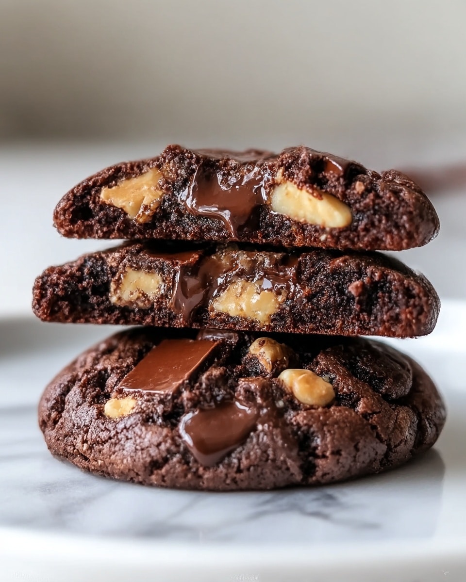 The image shows two dark chocolate cookies stacked on a white plate placed on a white marbled surface. The top cookie is broken in half, revealing a soft and gooey inside with melted dark chocolate and visible white chocolate chunks embedded within the dense, moist texture. The bottom cookie also appears soft and filled with melted chocolate and white chocolate bits, with a slightly cracked, chewy exterior. The scene is softly lit with a blurred background of round white lights, highlighting the rich texture and colors of the cookies. photo taken with an iphone --ar 4:5 --v 7