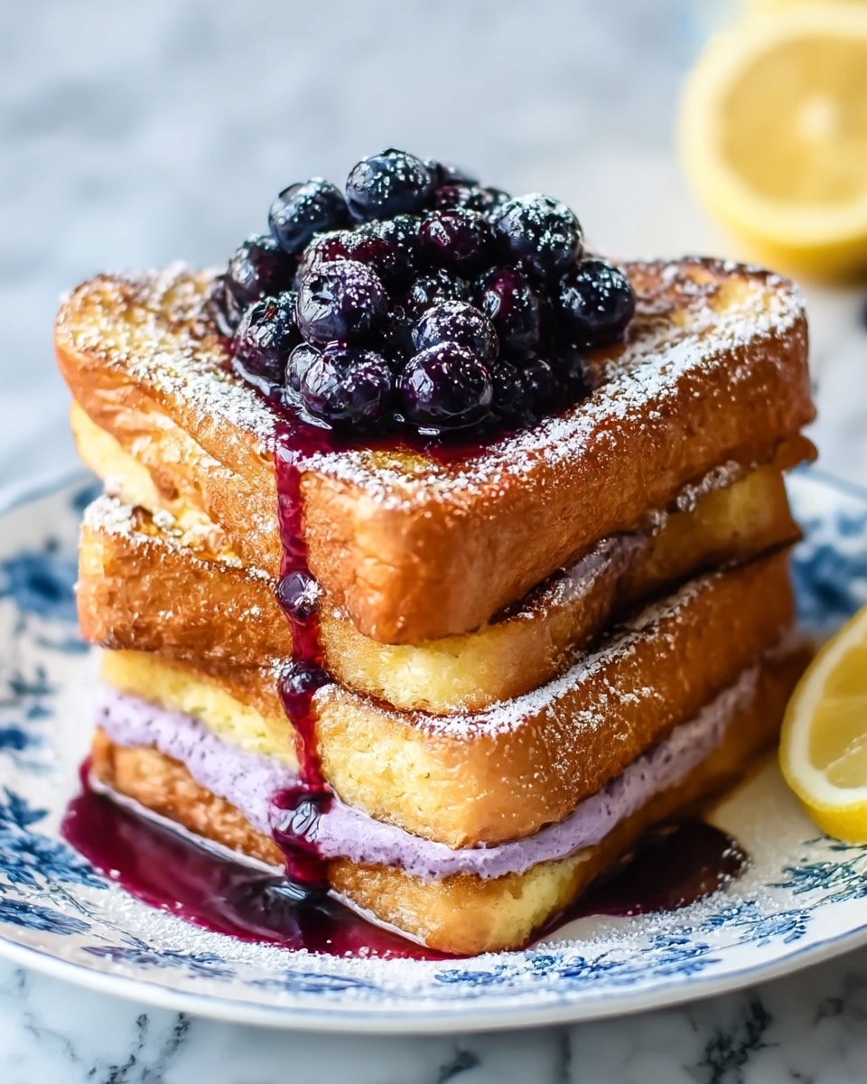 A close-up view of two thick slices of golden-brown French toast stacked on top of each other, with a generous layer of creamy purple blueberry sauce between the slices. On top of the stack, there is a small pile of fresh, shiny blueberries covered lightly with powdered sugar. More blueberries and a small slice of lemon are placed on the side of the white plate with blue floral patterns, all set on a white marbled surface. A shiny blueberry syrup drips around the base of the toast, enhancing the rich textures and colors of the dish. Photo taken with an iphone --ar 4:5 --v 7
