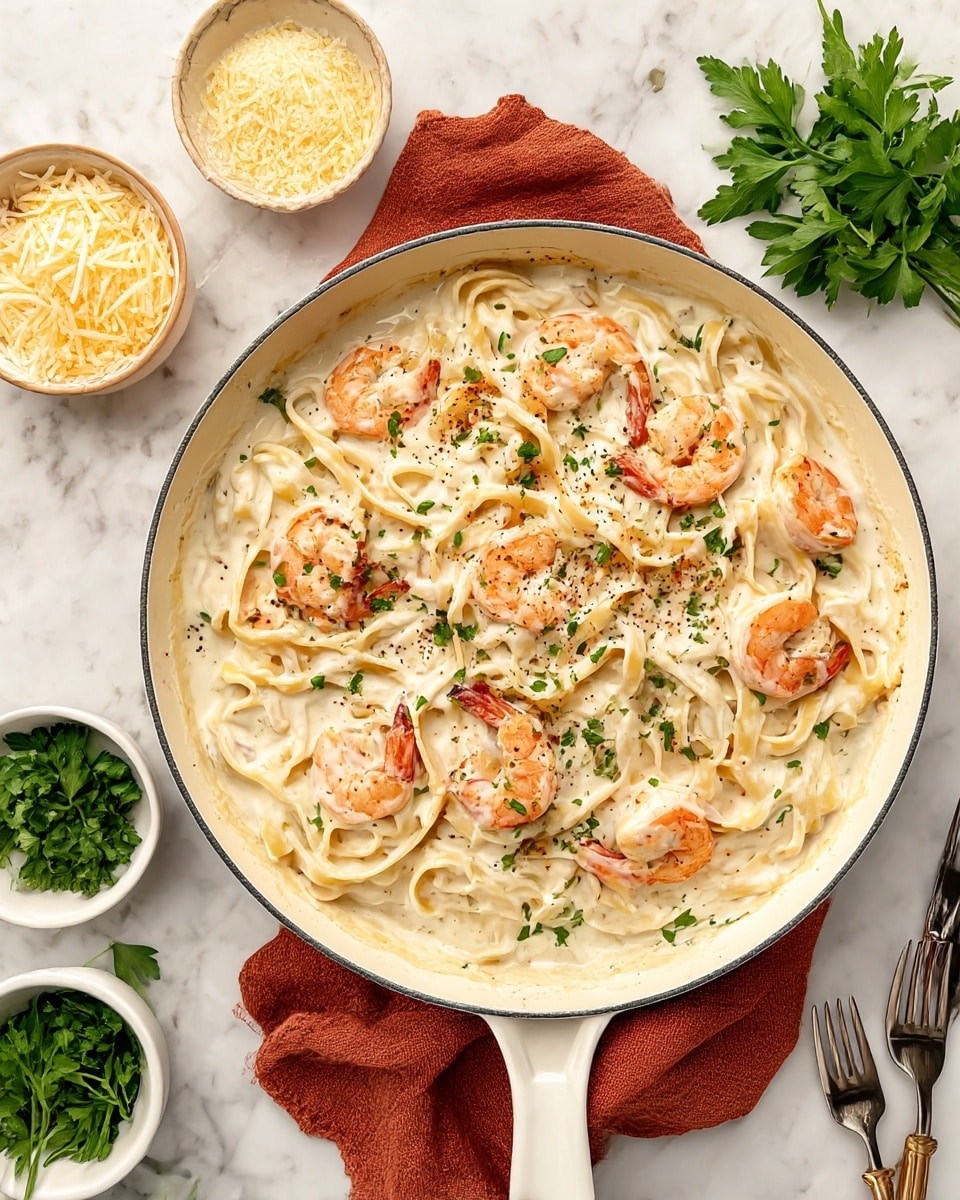 A white cast iron pan filled with creamy shrimp fettuccine pasta sits on a white marbled surface. The pasta forms a smooth, thick layer of pale cream color, mixed with plump pink-orange shrimp scattered evenly on top. Small pieces of green parsley are sprinkled throughout, adding fresh green specks to the dish. Around the pan, there are small white bowls containing grated cheese, chopped parsley, and pepper, along with fresh parsley sprigs nearby and a reddish cloth napkin on the corner. photo taken with an iphone --ar 4:5 --v 7