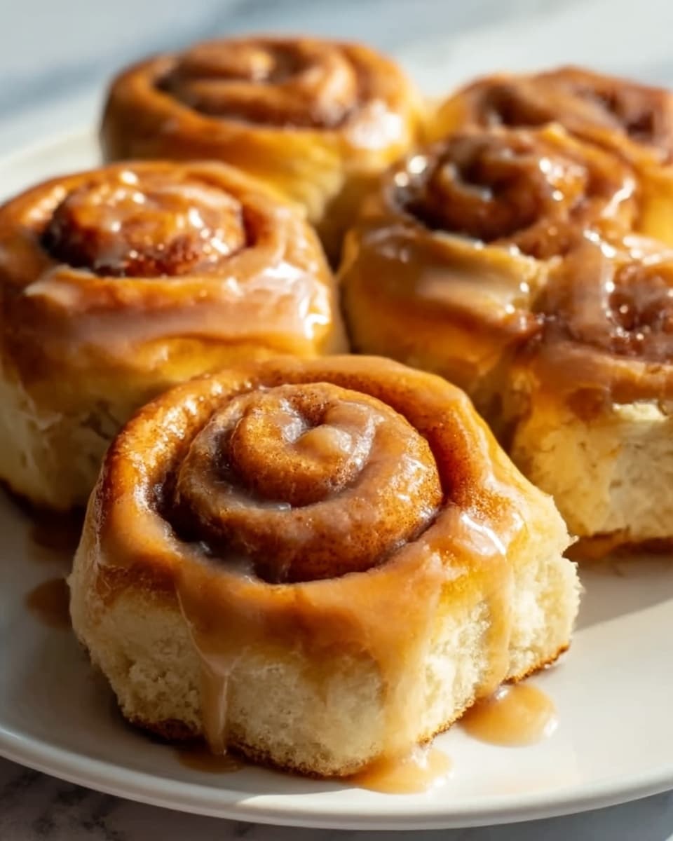 A close-up of five cinnamon rolls on a white plate, each roll showing layers of soft, fluffy dough spiraled tightly with cinnamon filling. The rolls are topped with a glossy light brown glaze that drips slightly down the sides, adding a shiny texture. The background is a white marbled surface with soft natural light highlighting the warm tones of the rolls. Photo taken with an iphone --ar 4:5 --v 7