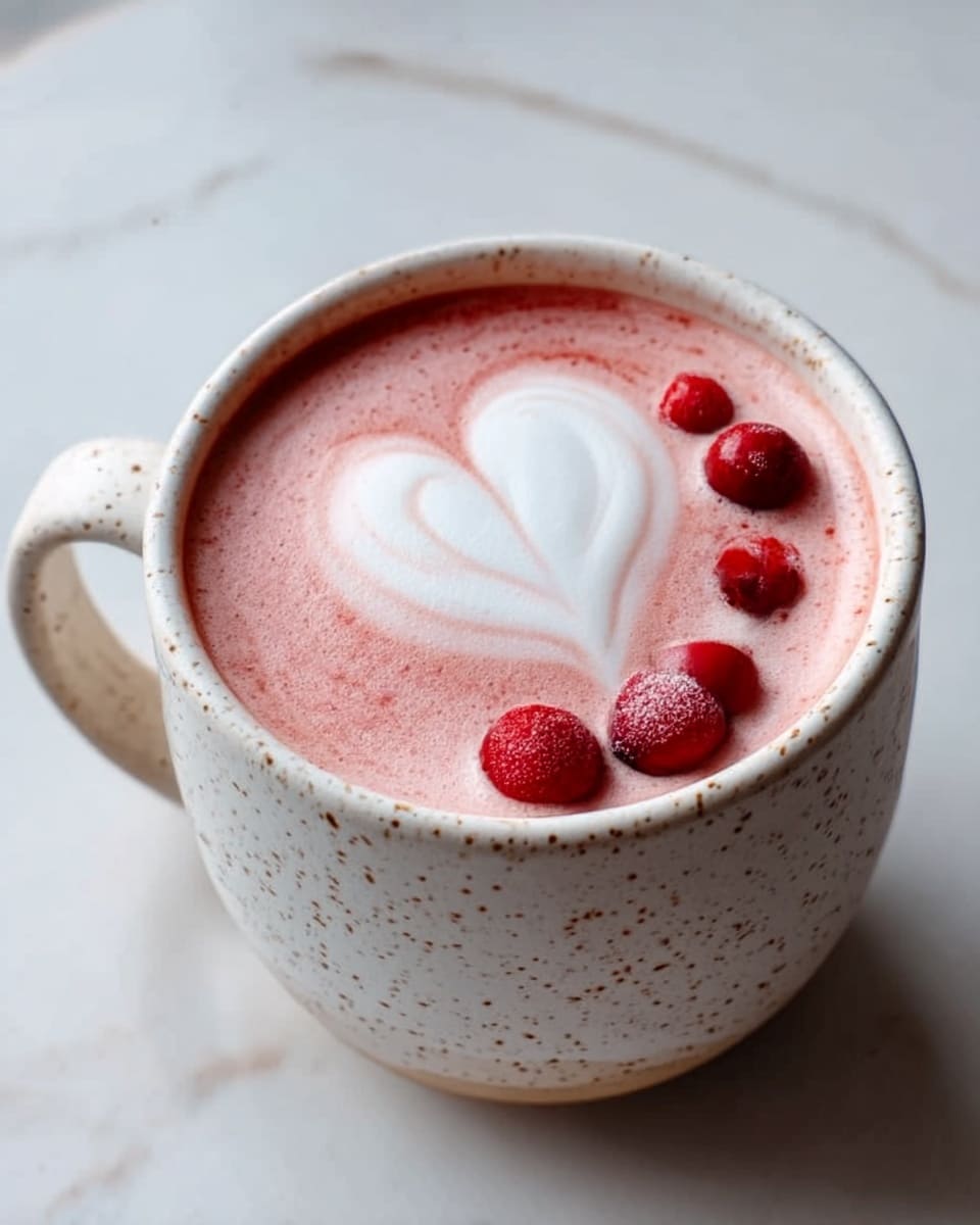 A speckled white mug filled with a pink drink topped with white and pink heart-shaped foam art. Three round red berries rest on the foam near the edge of the mug. The mug sits on a white marbled surface. photo taken with an iphone --ar 4:5 --v 7