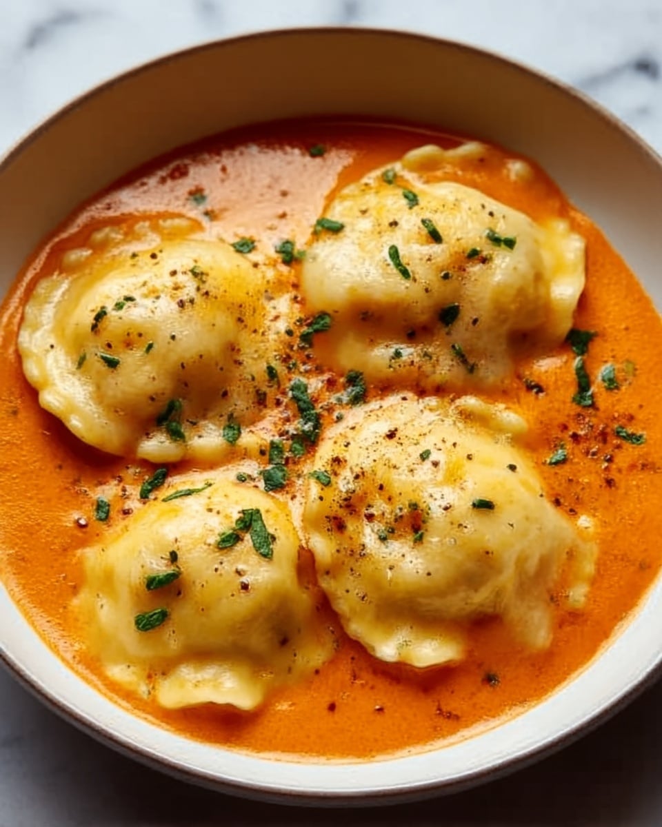 A white bowl holds four large cheese ravioli in a thick, bright orange tomato sauce. The ravioli are soft and creamy, with a pale yellow color, slightly puffed and each topped with a bit of melted cheese. Small green herb pieces sprinkled on top add contrast, and cracked black pepper is lightly scattered across the dish. The sauce is smooth and glossy, surrounding the ravioli evenly. The bowl sits on a white marbled surface. Photo taken with an iphone --ar 4:5 --v 7