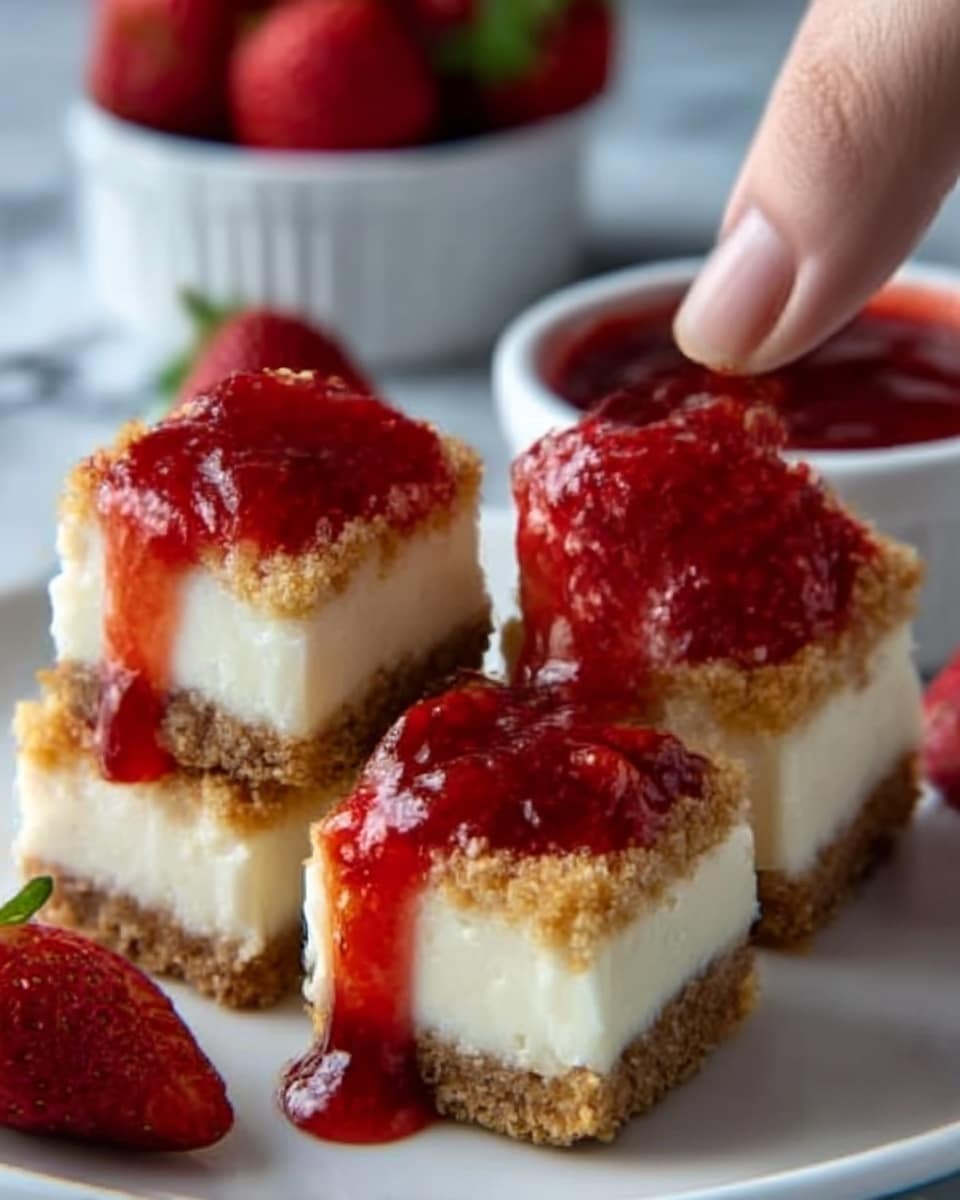 The image shows a close-up of four small square cheesecake bites arranged on a white plate. Each cheesecake bite has three visible layers: a bottom crumbly light brown crust, a thick creamy white middle layer, and a top layer covered with golden brown crumbs. A bright red strawberry sauce is drizzled generously over the bites, some running down the sides, adding a glossy texture. There are fresh strawberries blurred in the background on a white marbled surface. A woman's hand is placing or holding one cheesecake bite, showing the size and texture nicely. Photo taken with an iphone --ar 4:5 --v 7