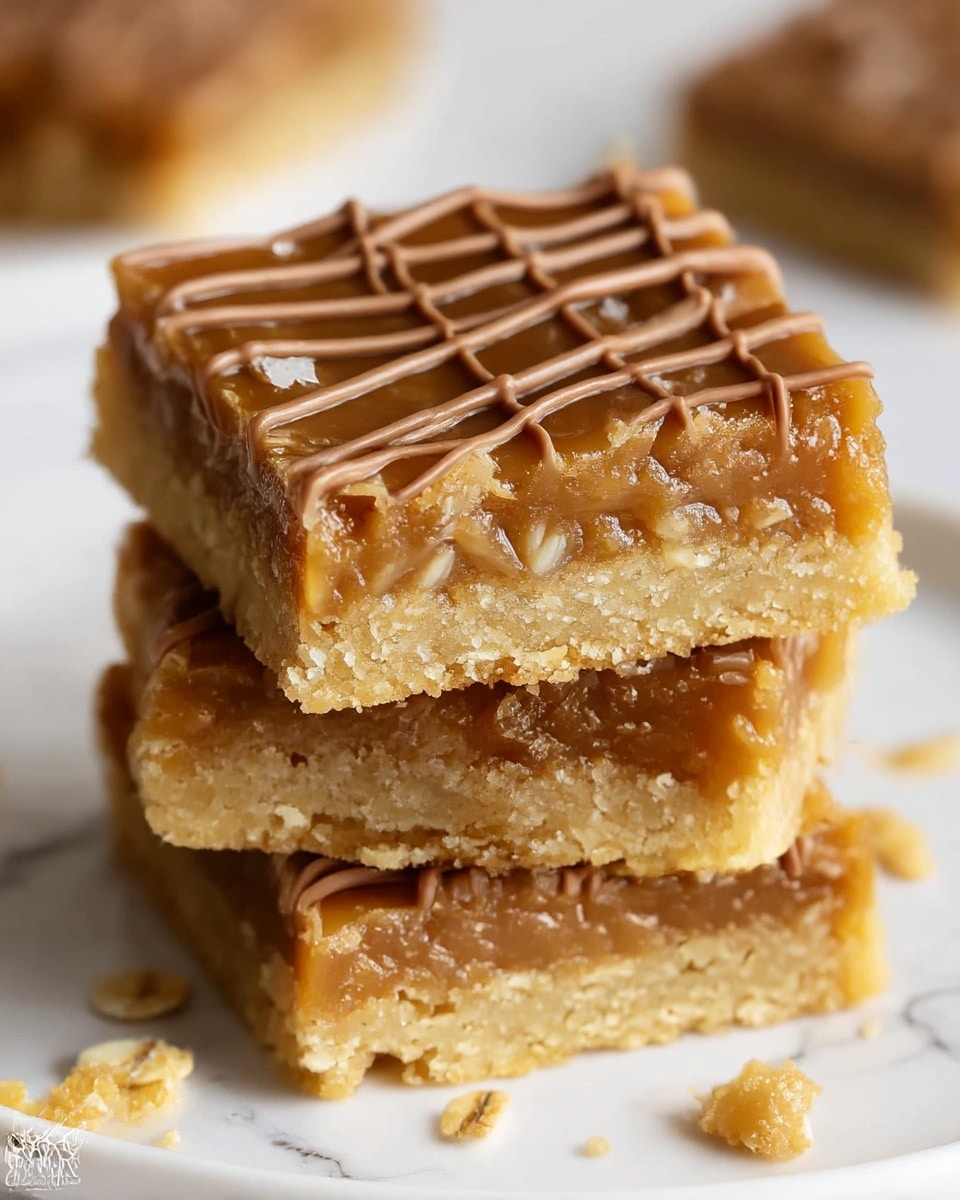 A close-up image shows a stack of three square dessert bars on a white plate, each bar having two clear layers: the bottom is a dense, golden-brown crumbly crust, and the top is a sticky, shiny caramel oat mixture with small bits of oats visible. The top bar is decorated with soft, thick, evenly spaced diagonal lines of milk chocolate drizzle, adding a glossy dark brown contrast to the lighter caramel layer. Some extra pieces of the dessert bar with chocolate drizzle are blurred in the background on a white marbled texture. Photo taken with an iphone --ar 4:5 --v 7