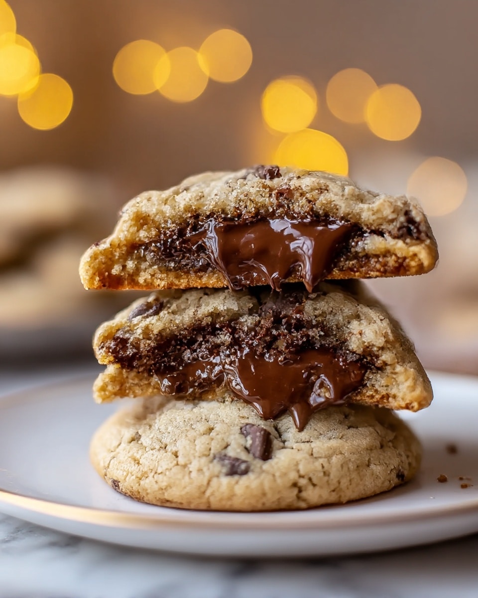 A stack of three soft chocolate chip cookies sits on a white plate with a slight gold rim, placed on a white marbled surface. The bottom layer is a whole cookie with a light brown, slightly cracked surface. The middle layer is a cookie broken in half, revealing a thick, glossy, melted milk chocolate center that looks creamy and gooey, with chocolate chunks embedded in the cookie dough around it. The top layer is another half cookie, placed on the middle half, showing the rich melted chocolate spilling out slightly and a dusting of fine sugar or crumbs on the cookie surface. The background is softly blurred with warm yellow round lights creating a cozy feel. photo taken with an iphone --ar 4:5 --v 7