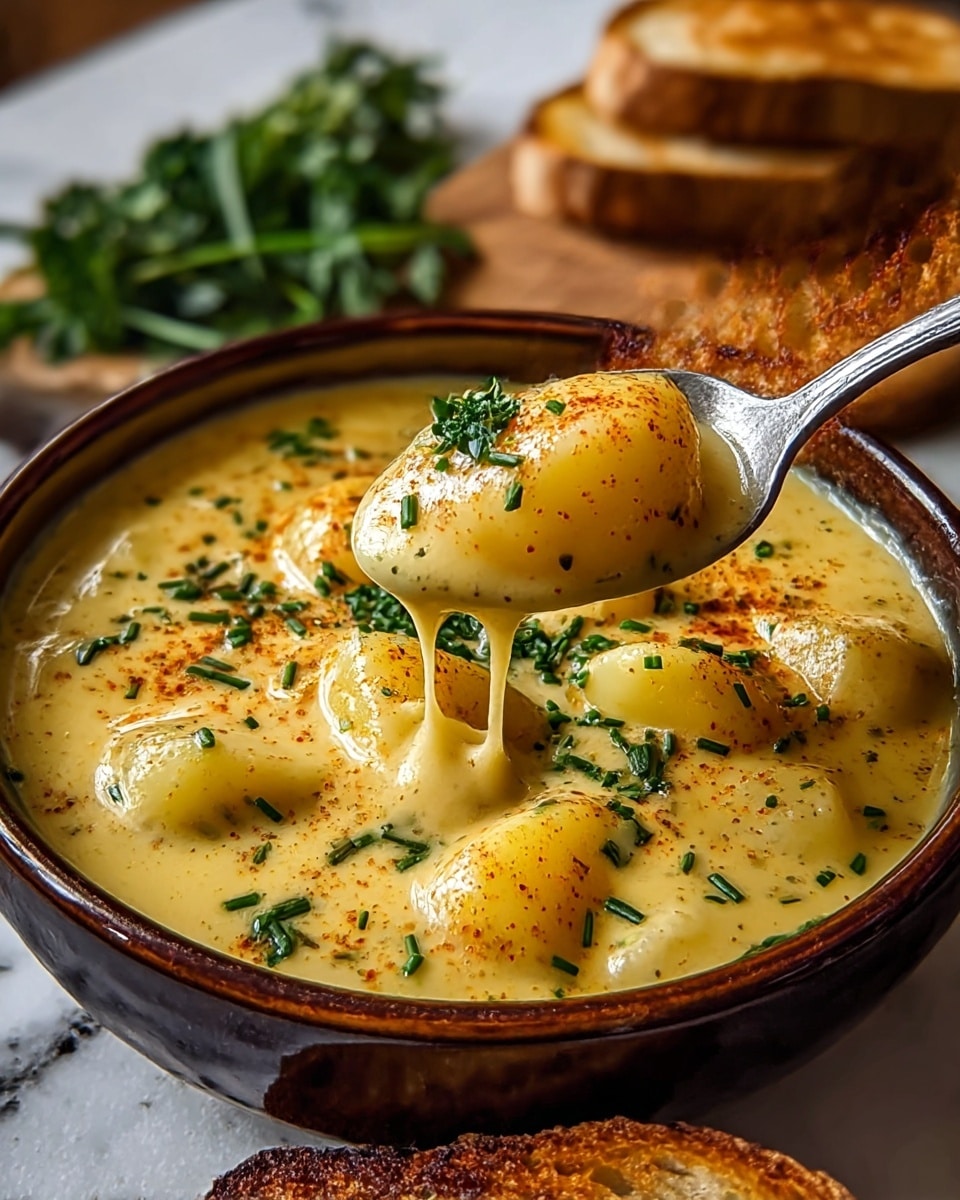 A dark brown bowl filled with creamy, thick potato soup with large chunks of yellow potatoes visible. The soup is topped with green chopped herbs and sprigs of fresh parsley, sprinkled with a light dusting of red paprika. A silver spoon lifts a portion of soup with potato pieces, showing its smooth texture. Next to the spoon, a thick slice of toasted bread with a golden brown, crispy surface rests on the bowl's edge. In the blurred background, more toasted bread slices and green leafy vegetables are seen on a white marbled texture. photo taken with an iphone --ar 4:5 --v 7