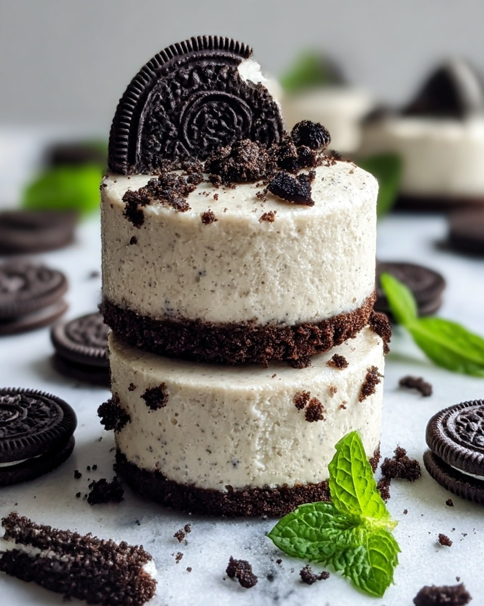 The image shows two small round desserts stacked on top of each other, each with two layers: a thick dark brown crumbly base and a creamy light beige top layer sprinkled with dark cookie crumbs. The top dessert has a whole dark chocolate sandwich cookie placed off-center on it. Around the desserts, there are whole and broken dark chocolate sandwich cookies and crumbs scattered on a white marbled surface with a small green mint leaf near the right side. The focus is on the stacked desserts with a soft blurred background showing parts of similar desserts. photo taken with an iphone --ar 4:5 --v 7