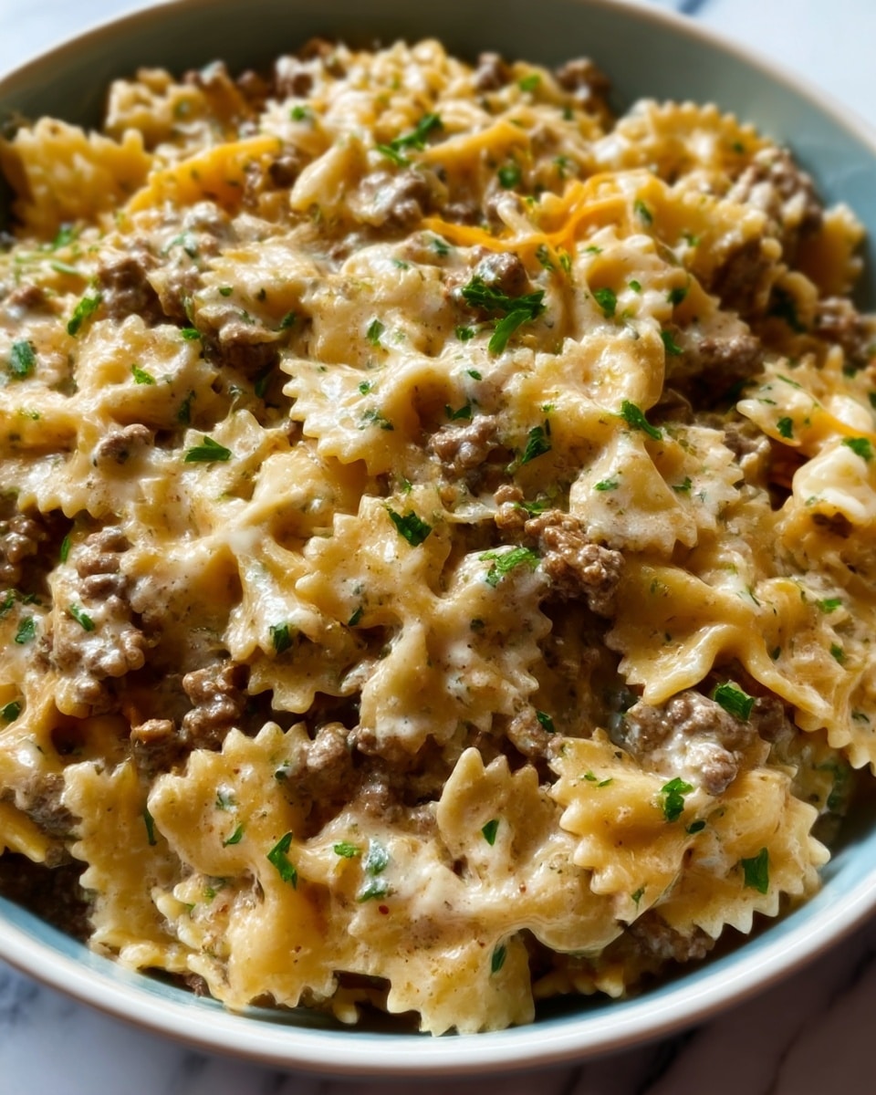 The image shows a close-up of a white plate filled with creamy pasta made of bow-tie shapes, mixed with browned ground meat chunks. The pasta is coated in a thick, cheesy sauce that has a slightly melted texture, and small green herb pieces are sprinkled on top for color. The dish looks warm and rich, with the golden brown meat and creamy sauce evenly spread through the pasta. The background is a white marbled surface, creating a clean contrast to the comforting meal. Photo taken with an iphone --ar 4:5 --v 7