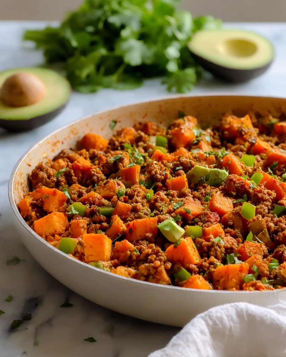 A large white pan filled with a cooked mixture of ground beef and cubed sweet potatoes; the beef is a rich brown with a crumbly texture, and the sweet potatoes are bright orange, soft but holding shape. Mixed in are small pieces of green bell pepper, adding green color spots, and fresh chopped cilantro sprinkled over the top for a fresh garnish. In the background, there is a whole avocado sliced in half showing its green flesh and seed, and some fresh cilantro leaves, all placed on a white marbled surface. A white cloth towel is partially visible at the edge of the pan. photo taken with an iphone --ar 4:5 --v 7