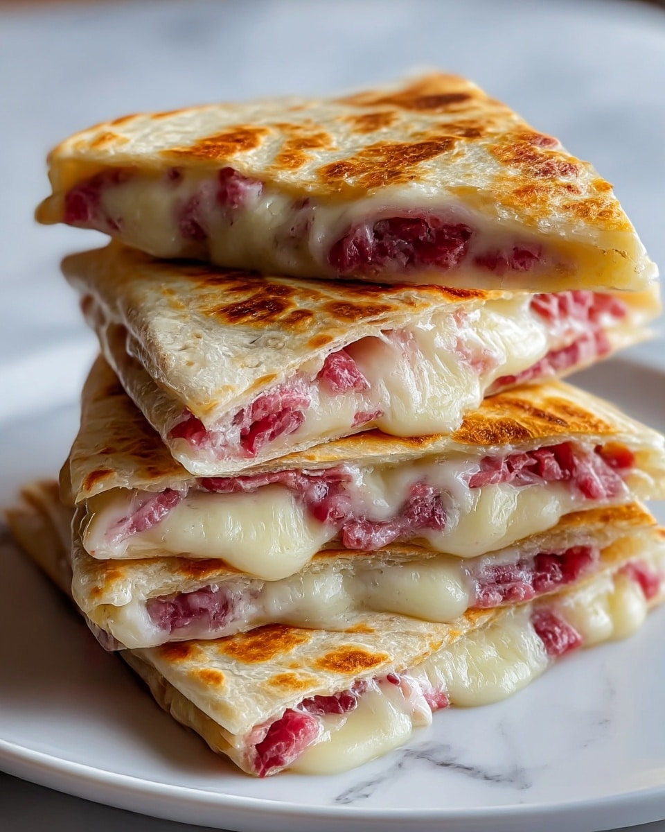 A stack of four thick, toasted quesadilla slices arranged on a white plate, each slice showing two layers: a golden-brown crispy outer tortilla with slightly charred spots, and inside, a gooey, melted white cheese layer mingled with finely chopped pinkish-red meat. The cheese oozes out a bit, giving a creamy texture, while the meat is evenly distributed inside each slice. The background shows a soft white marbled texture that contrasts with the warm tones of the quesadilla. photo taken with an iphone --ar 4:5 --v 7