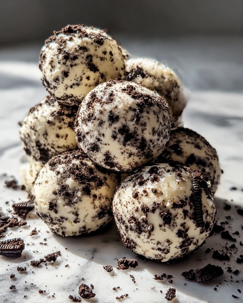 The image shows six round balls that look like dessert treats, covered in a crumbly mixing of white and dark brown specks. The balls have a rough texture with dark chocolate cookie crumbs unevenly spread over a creamy white base. They are placed closely together on a shiny white marbled surface, with some loose crumbs scattered around them, giving a fresh, homemade feel. The background is softly blurred, focusing attention on the detailed texture of the balls in the front. photo taken with an iphone --ar 4:5 --v 7