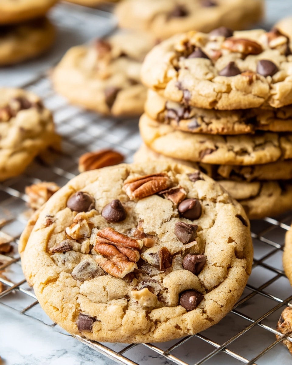 A group of round cookies layered on top of a white cooling rack set on a white marbled surface, with the top cookie showing a golden-brown color studded with dark brown chocolate chips, light brown caramel chips, and pecan nuts with a textured, slightly crispy edge and a soft-looking center. The cookies behind show similar colors and textures, stacked closely together, while a few scattered chocolate chips and pecans lie loosely on the white marbled surface around the rack. photo taken with an iphone --ar 4:5 --v 7