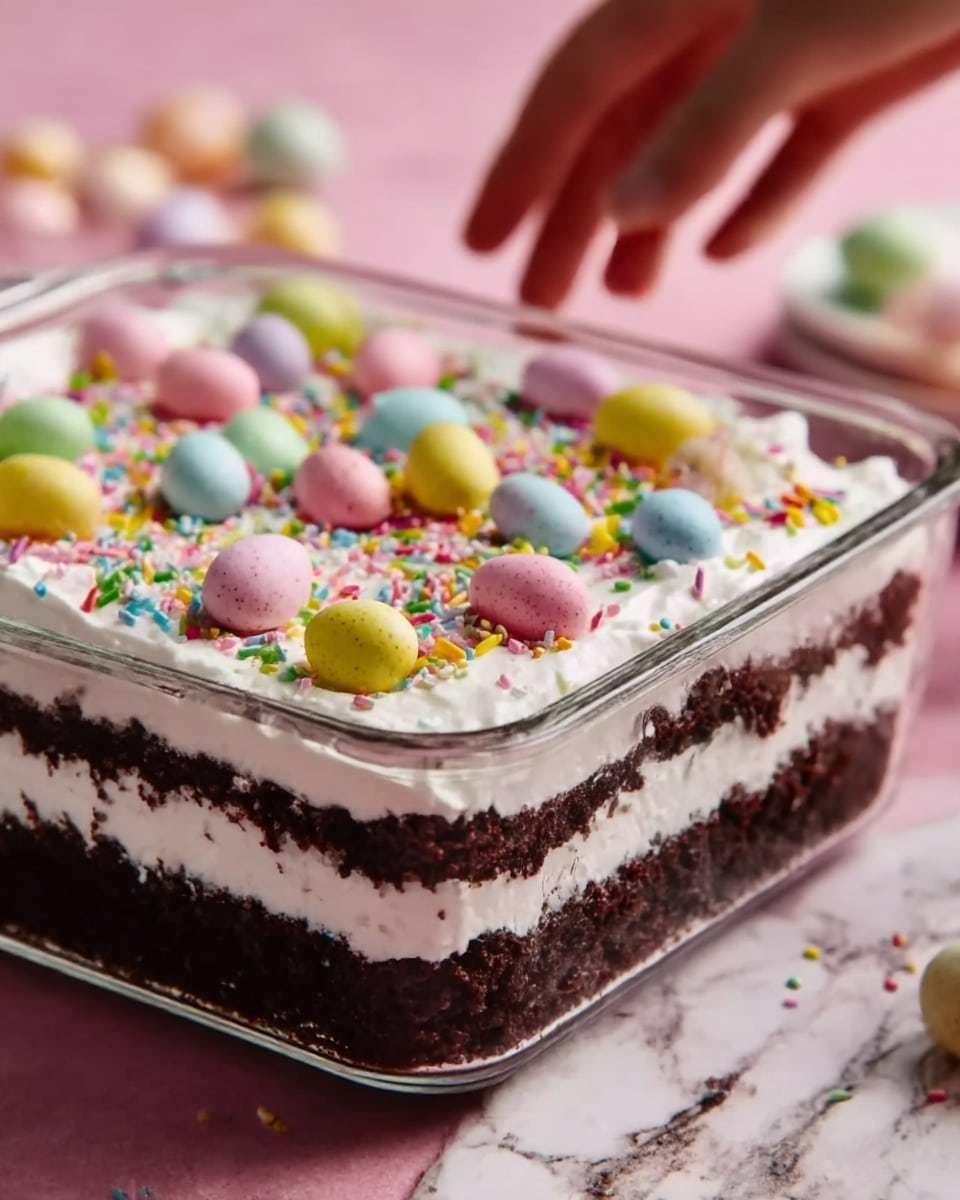 A clear glass square dish shows a layered dessert with three layers of dark brown cake and two layers of white cream in between. The top layer is covered with smooth white cream and decorated with small colorful egg-shaped candies in pastel pink, blue, yellow, and purple. There are also many tiny multicolored sprinkles spread over the cream. The glass dish sits on a white marbled surface, and the overall look is bright and festive. Photo taken with an iphone --ar 4:5 --v 7