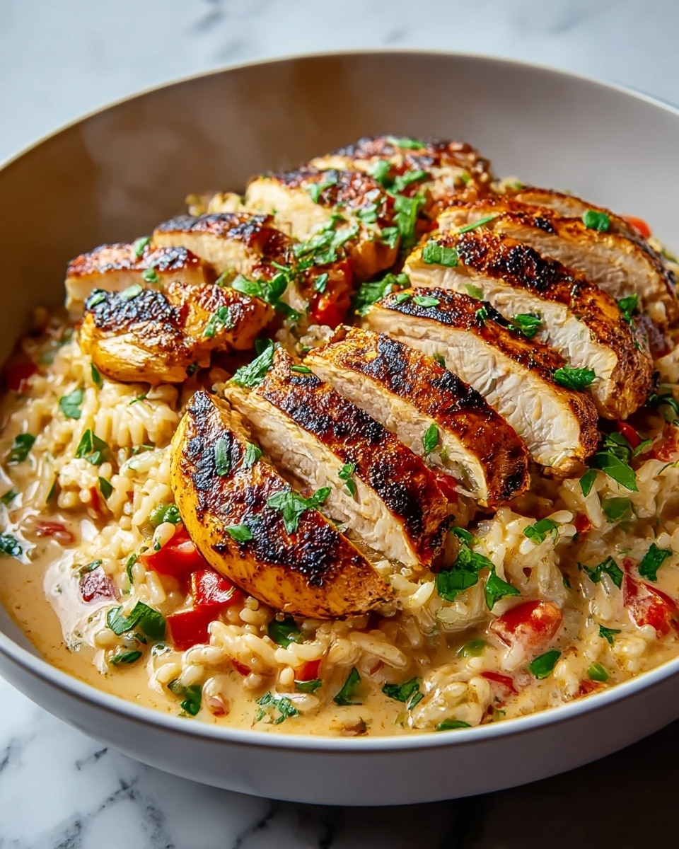 A white bowl filled with creamy rice mixed with small red tomato pieces and bits of green herbs, creating a soft and textured base layer. On top, there are several pieces of grilled chicken breast sliced into thick strips with a golden brown color and slightly charred spots, giving a crispy look. Fresh green parsley leaves are sprinkled over the chicken and rice, adding a bright contrast to the warm colors. The creamy sauce in the bowl has a light orange tint, slightly pooling around the rice edges. The whole dish sits on a white marbled surface. photo taken with an iphone --ar 4:5 --v 7