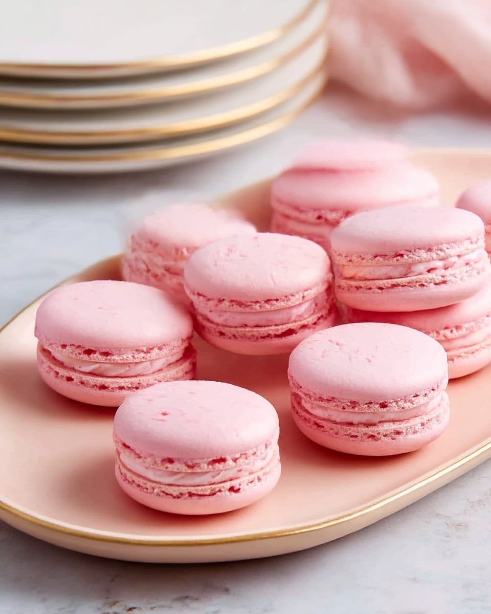 The image shows seven pink macarons arranged on a light peach oval plate. Each macaron has two smooth, pale pink rounded layers with a creamy pink filling sandwiched between them. The surface they are on is a white marbled texture. There are some stacked white plates with gold rims visible in the background. The overall look is soft and pastel-colored with a close-up focus on the macarons. Photo taken with an iphone --ar 4:5 --v 7