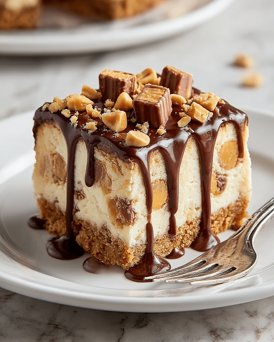 A square dessert bar is shown on a white plate with three visible layers. The bottom layer is a crumbly, golden brown crust. The middle layer is thick and creamy white cheesecake with swirls of chunky pieces inside, likely peanut butter and chocolate. The top layer features a smooth dark chocolate drizzle dripping down the sides, covered with chopped peanuts and broken pieces of peanut butter cups. A metal fork rests on the plate next to the bar, with the whole scene set against a white marbled textured surface. Photo taken with an iphone --ar 4:5 --v 7