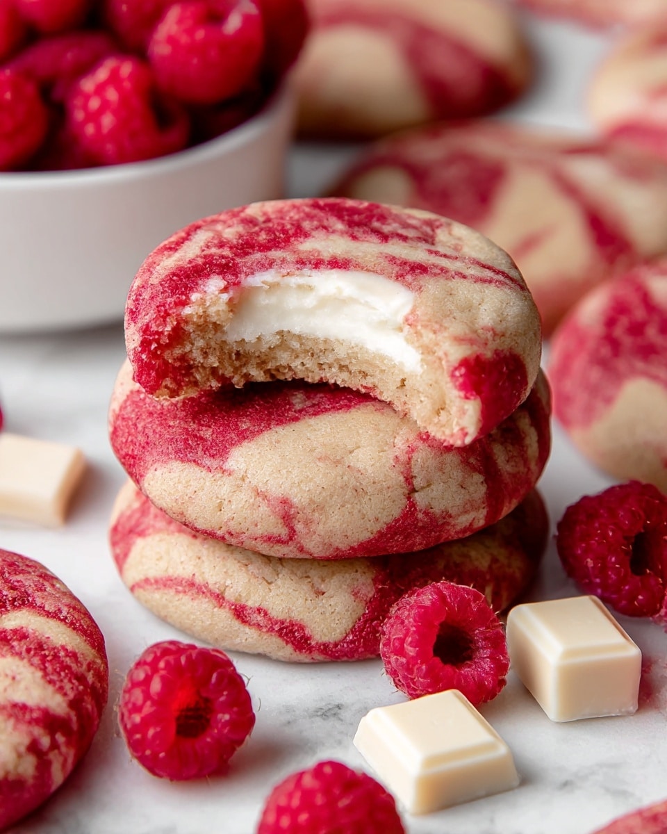 This image shows a stack of two round cookies with a marbled pattern of soft beige and bright red swirls on top. The cookie on the top has a bite taken out of it, revealing two inner layers: the upper layer is a smooth, creamy white filling, and the lower layer is a light brown cookie base. Around the stack, there are several similar cookies with the same marbling. Bright red raspberries are scattered near the cookies, adding a pop of color. In the corner, two small white chocolate squares lie flat beside the cookies. The background is a white marbled texture and a white bowl filled with more bright red raspberries is partially visible in the upper left corner. photo taken with an iphone --ar 4:5 --v 7