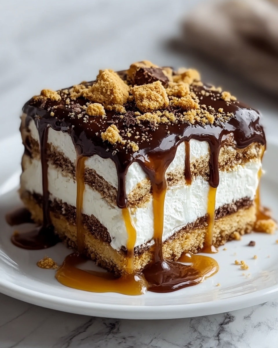 A square dessert piece sits on a white plate over a white marbled texture, showing five clear layers: the bottom layer is a light brown crumbly crust, above it is a thick white cream layer with soft fluffy texture, the middle layer is a thin darker brown crumbly layer, followed by another thick white cream layer, then a thick, glossy dark chocolate layer that drips down the sides, topped with golden brown crumbled bits scattered on top and around the plate with caramel sauce dripping over the edges. Photo taken with an iphone --ar 4:5 --v 7