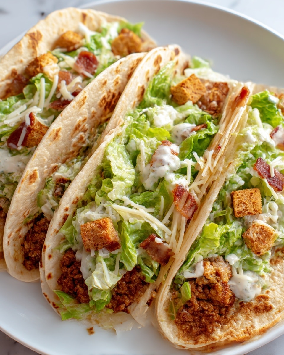 Three soft tortillas filled with grilled, lightly browned chicken patties resting at the bottom layer, topped with fresh green lettuce and shredded pale yellow cheese mixed with creamy white dressing. Small crunchy-looking brown croutons and reddish-brown bacon pieces are scattered on top, adding texture and color. The tacos are arranged close together on a white plate, placed on a white marbled textured surface. photo taken with an iphone --ar 4:5 --v 7