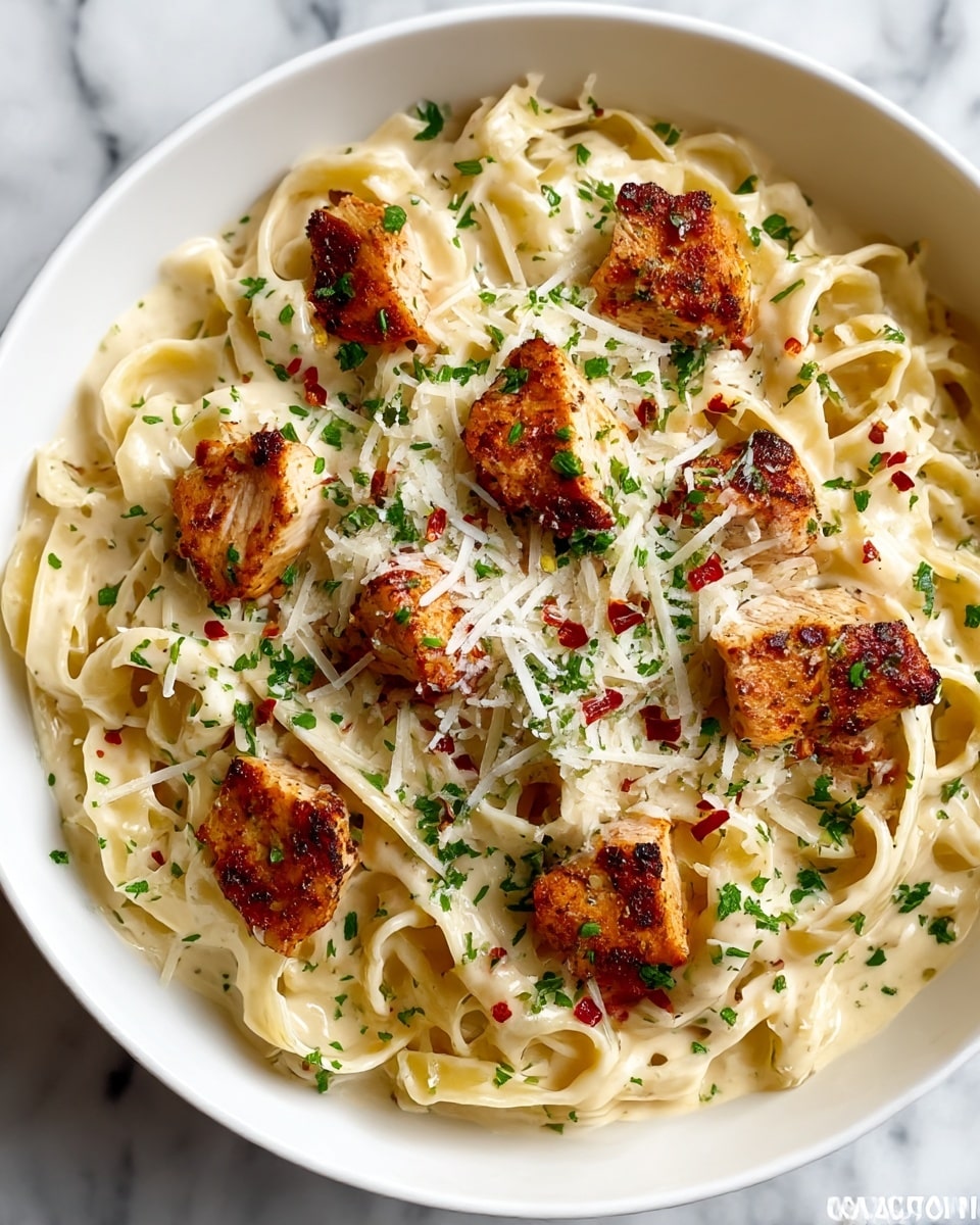 The dish shows a white bowl filled with creamy fettuccine pasta as the bottom layer, which is thick and pale yellow with a smooth texture, covered lightly with specks of black pepper. On top are pieces of golden-brown grilled chicken chunks, with a slightly crispy surface and char marks, spaced evenly around the center. Scattered over the dish are small green parsley leaves and red chili flakes, adding bright color and texture contrast. The whole is sprinkled with finely grated white cheese that rests lightly on the chicken and pasta. The bowl sits on a white marbled surface. photo taken with an iphone --ar 4:5 --v 7