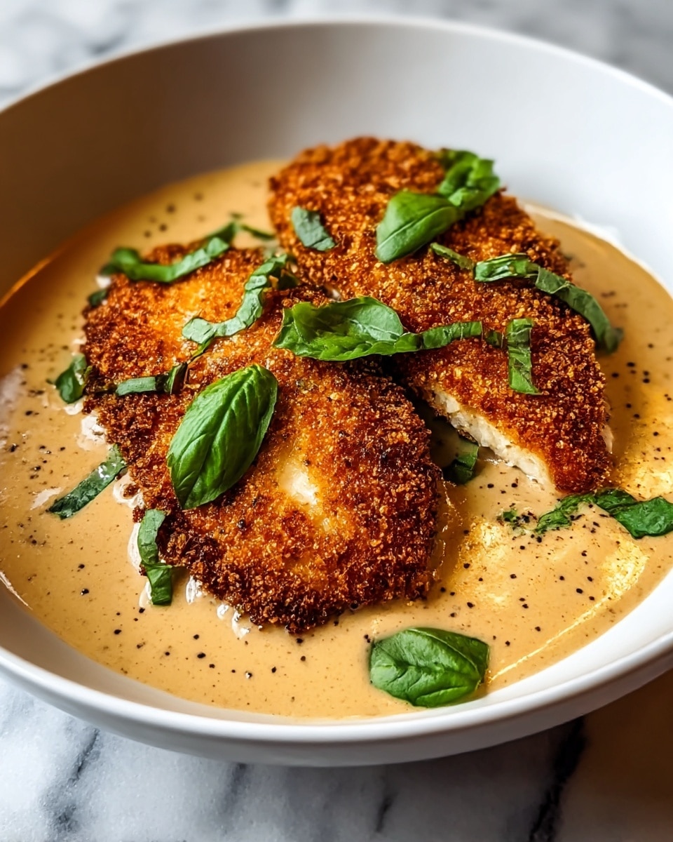 The image shows two pieces of golden brown, crispy breaded chicken placed on a pool of light tan creamy sauce inside a white bowl. The chicken has a rough, crunchy texture with some darker charred spots. Fresh bright green herb leaves are scattered over the chicken and sauce, adding a fresh pop of color. The creamy sauce has a smooth texture and surrounds the bottom of the chicken pieces, partially covering their lower edges. The bowl sits on a white marbled surface. photo taken with an iphone --ar 4:5 --v 7