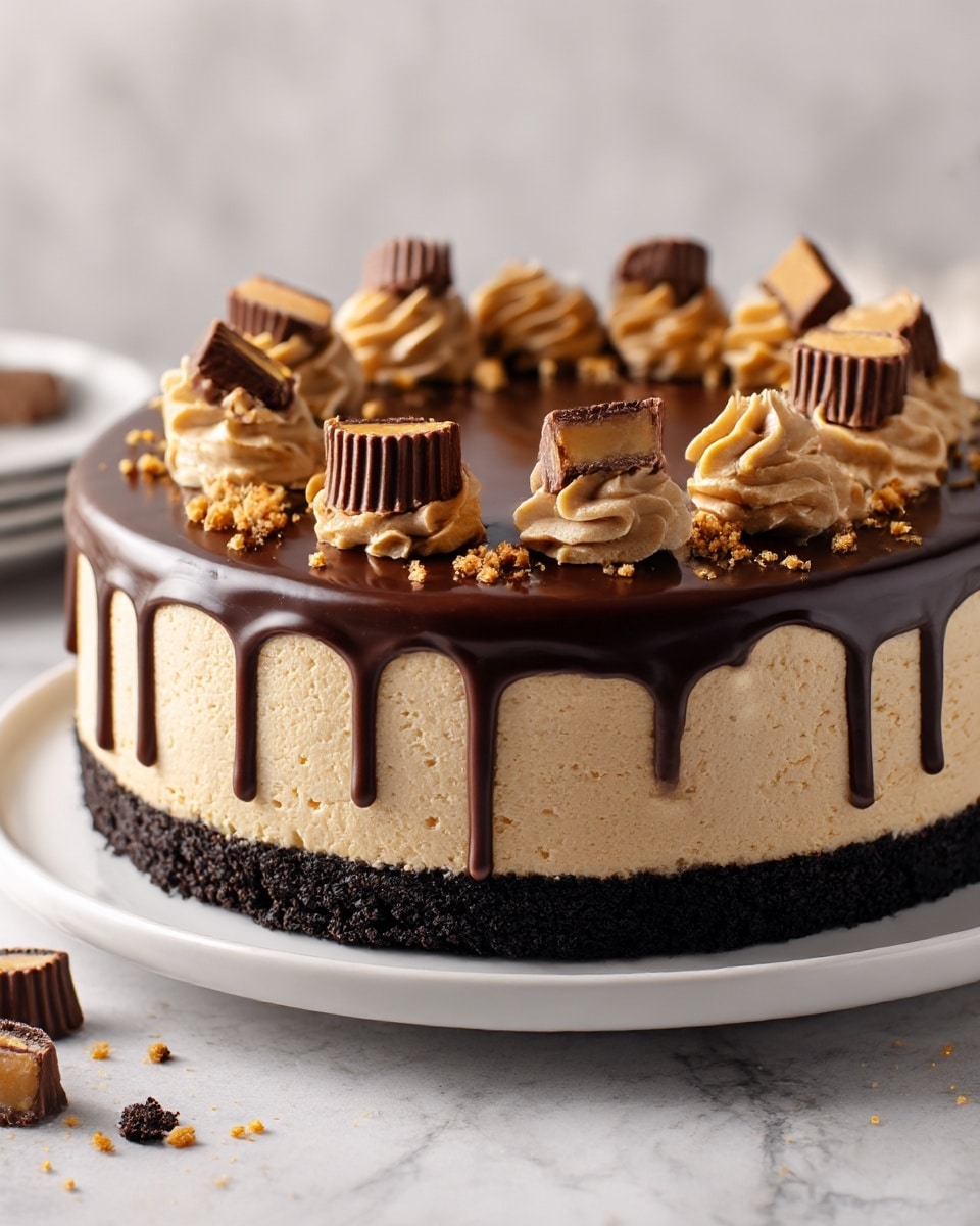 A rich three-layer cake sits on a white plate over a white marbled surface; the bottom layer is a dark, crumbly chocolate crust, the middle layer is a thick, smooth tan peanut butter mousse, and the top layer is a shiny, dark chocolate ganache that drips slightly down the sides. On top, there are swirls of light brown peanut butter cream spaced around the edge, with chopped pieces of peanut butter chocolate cups and small golden crumbs scattered between the swirls. Photo taken with an iphone --ar 4:5 --v 7
