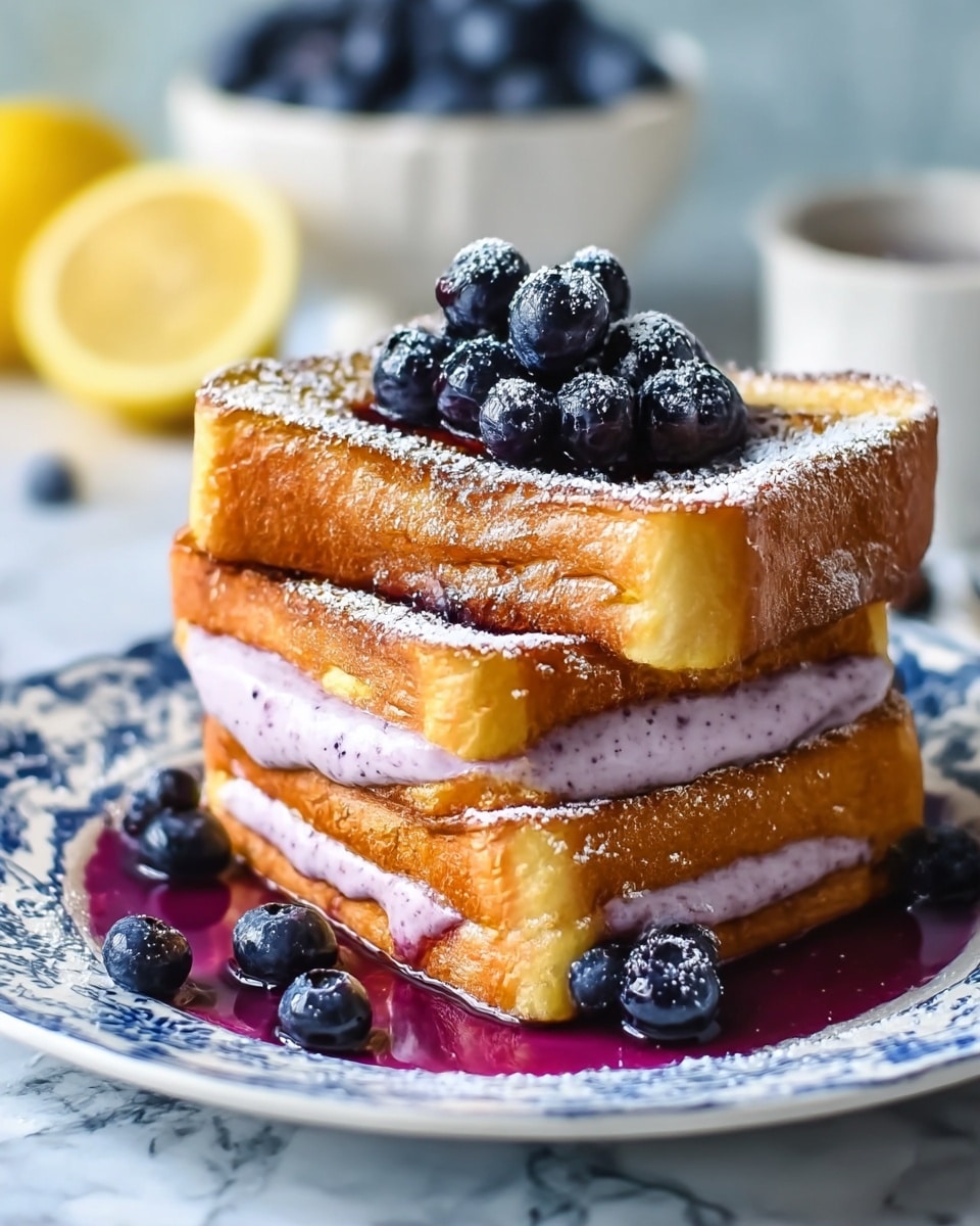 A stack of two thick golden brown French toast slices is placed on a white plate with blue patterns. The top slice is covered with a small pile of shiny dark blue blueberries sprinkled with white powdered sugar. Between the toast layers, there is a spread of light purple creamy filling with specks of darker purple. Some blueberry sauce drips down the sides onto the plate, pooling around the bottom. Additional blueberries and a lemon wedge are placed beside the toast on the plate. The photo is taken on a white marbled surface. Photo taken with an iphone --ar 4:5 --v 7