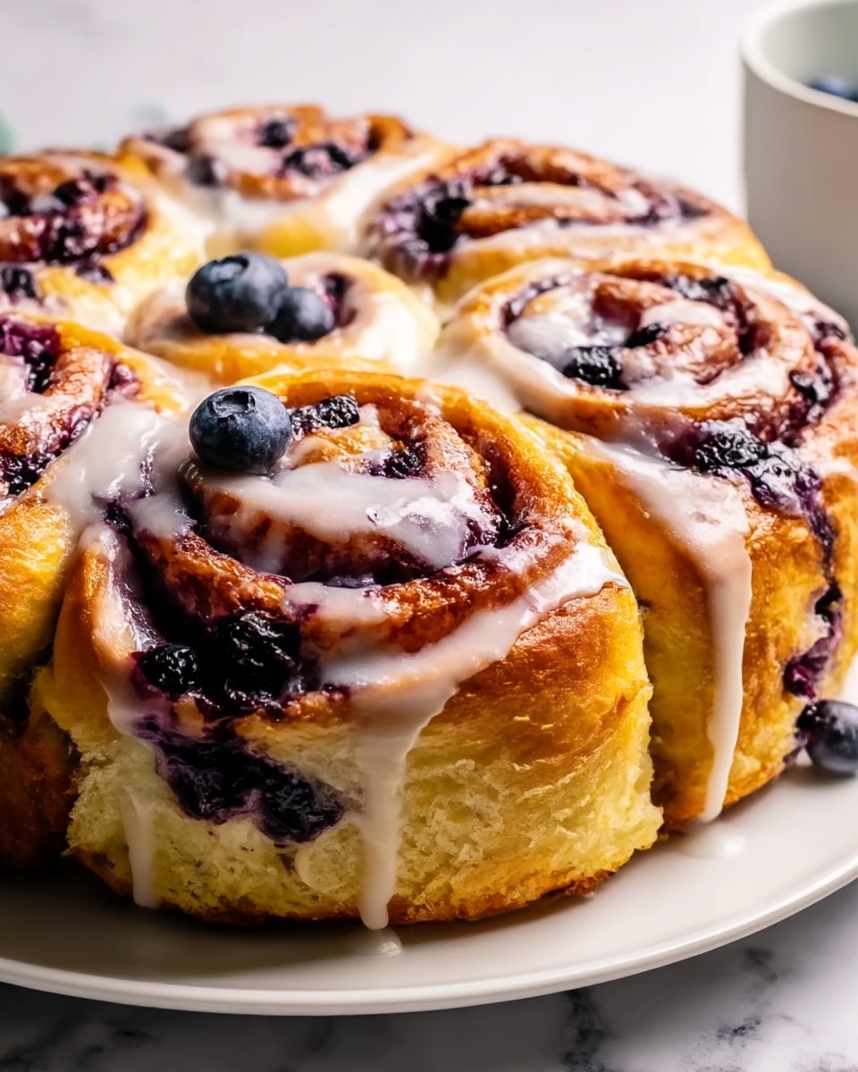 A close-up view of a round blueberry cinnamon roll cake with four large swirled rolls, placed on a white plate on a white marbled surface. Each roll has a golden-brown, soft bread base with a visible spiral filled with dark purple blueberry filling. The top is covered in white icing that drips down the sides, and whole blueberries are placed on top of each roll. One roll is missing a slice, showing a light, fluffy inside. In the background, a bowl of fresh blueberries is slightly out of focus. photo taken with an iphone --ar 4:5 --v 7