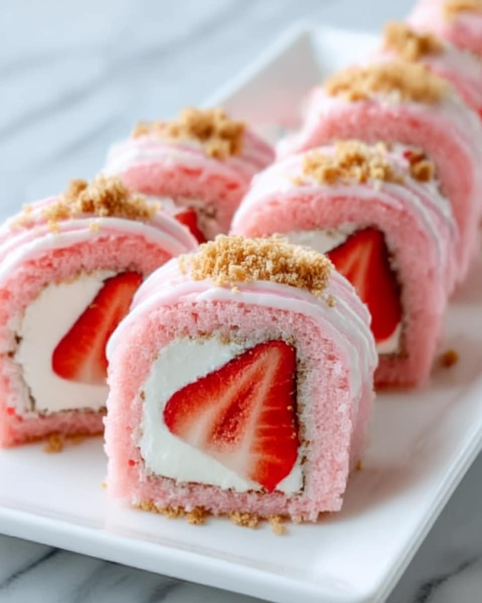 The image shows a plate with several pink cake rolls cut into slices, each slice having three visible layers: a white cream layer surrounding a fresh red strawberry in the center, the outer pink sponge cake layer, and white cream lines drizzled on top in diagonal stripes. There is a sprinkling of light brown crumbs on each slice and on the white plate. The background is a white marbled texture. Photo taken with an iphone --ar 4:5 --v 7